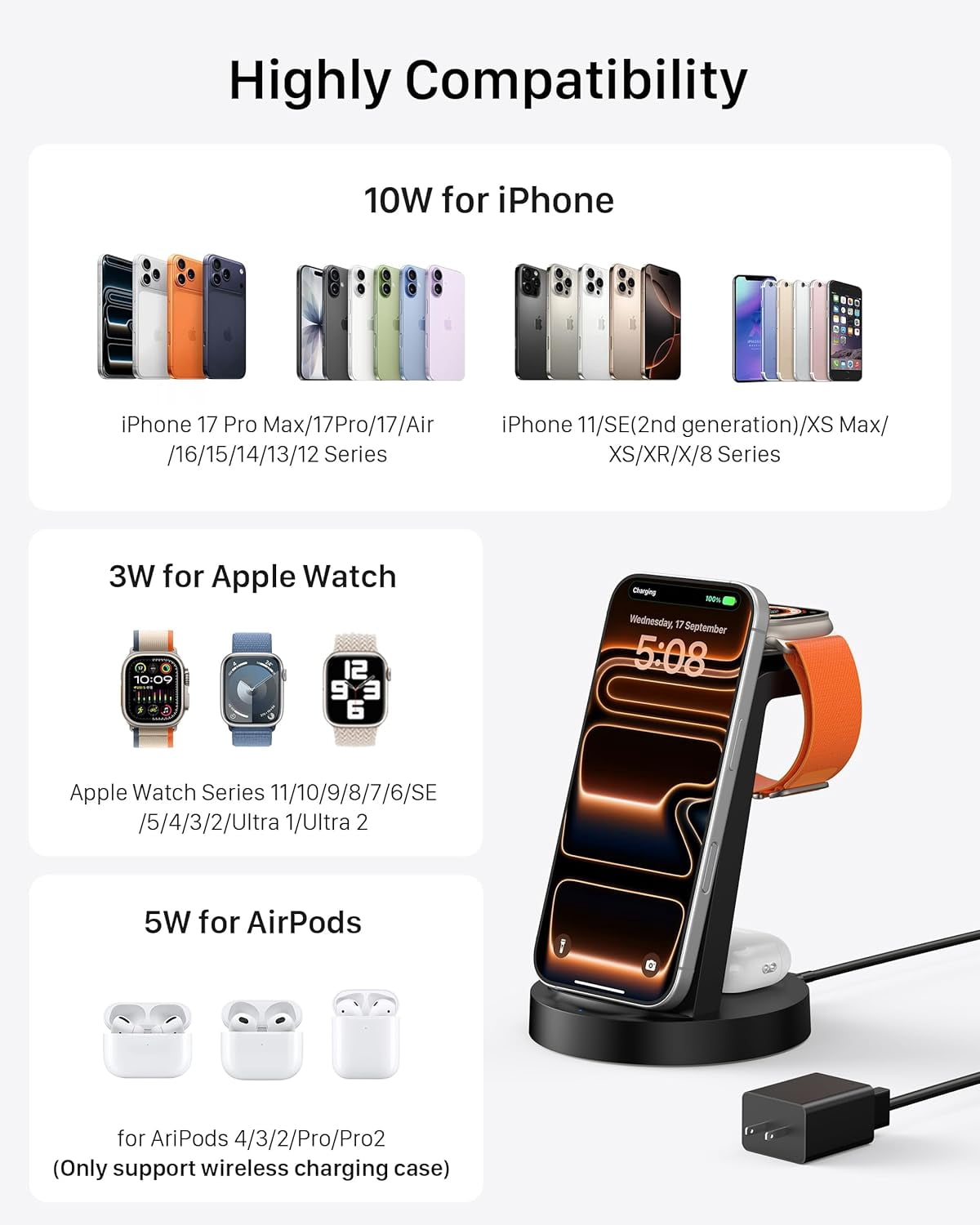 ETEPEHI 3-in-1 Wireless Charging Station for iPhone, iWatch, and AirPods (Black, 18W) nq7cv