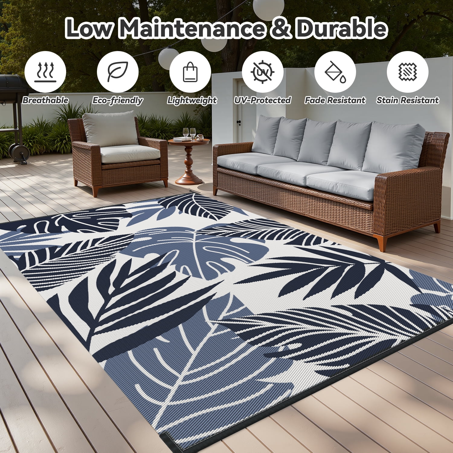 VUNATE Outdoor Rug Waterproof Reversible Patio Carpet (Beige and Blue, 5 ft x 8 ft) opul5