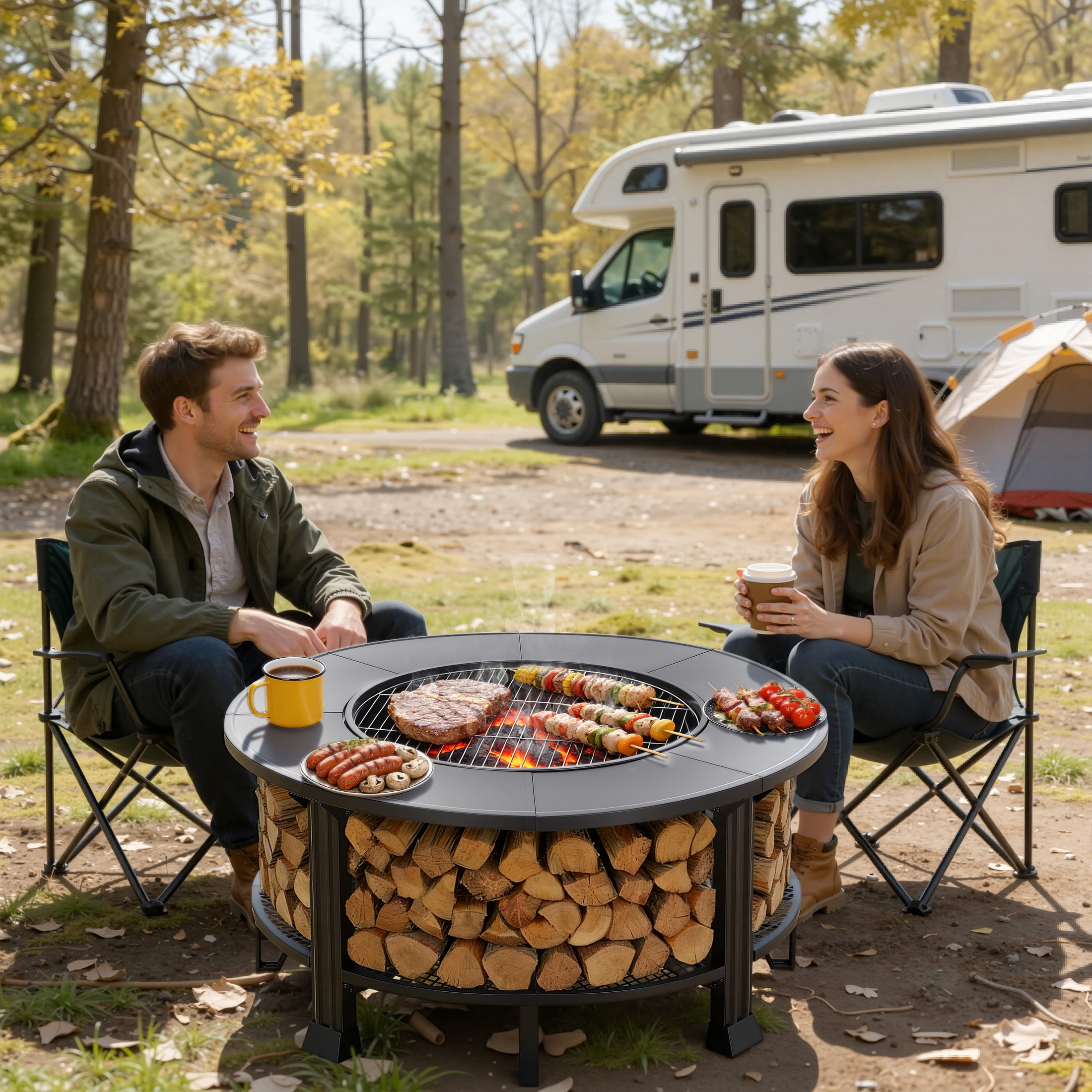 Segmart 38 in Round Wood Burning Fire Pit Table with Grill, Poker, and Waterproof Cover (Black, 38 in) ra8m1
