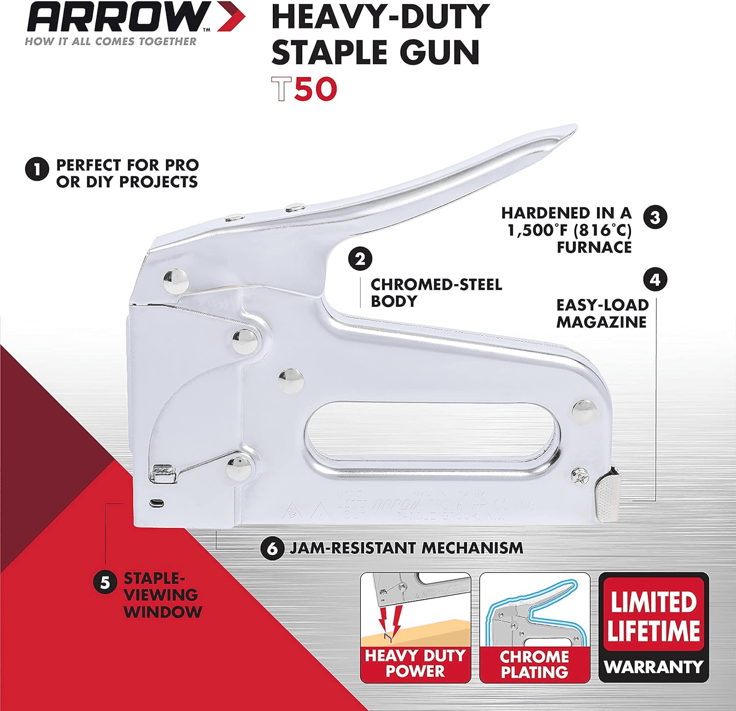 Arrow T50 Heavy Duty Manual Staple Gun for Upholstery and Woodworking (Chrome, 0.56 in) cy9lx