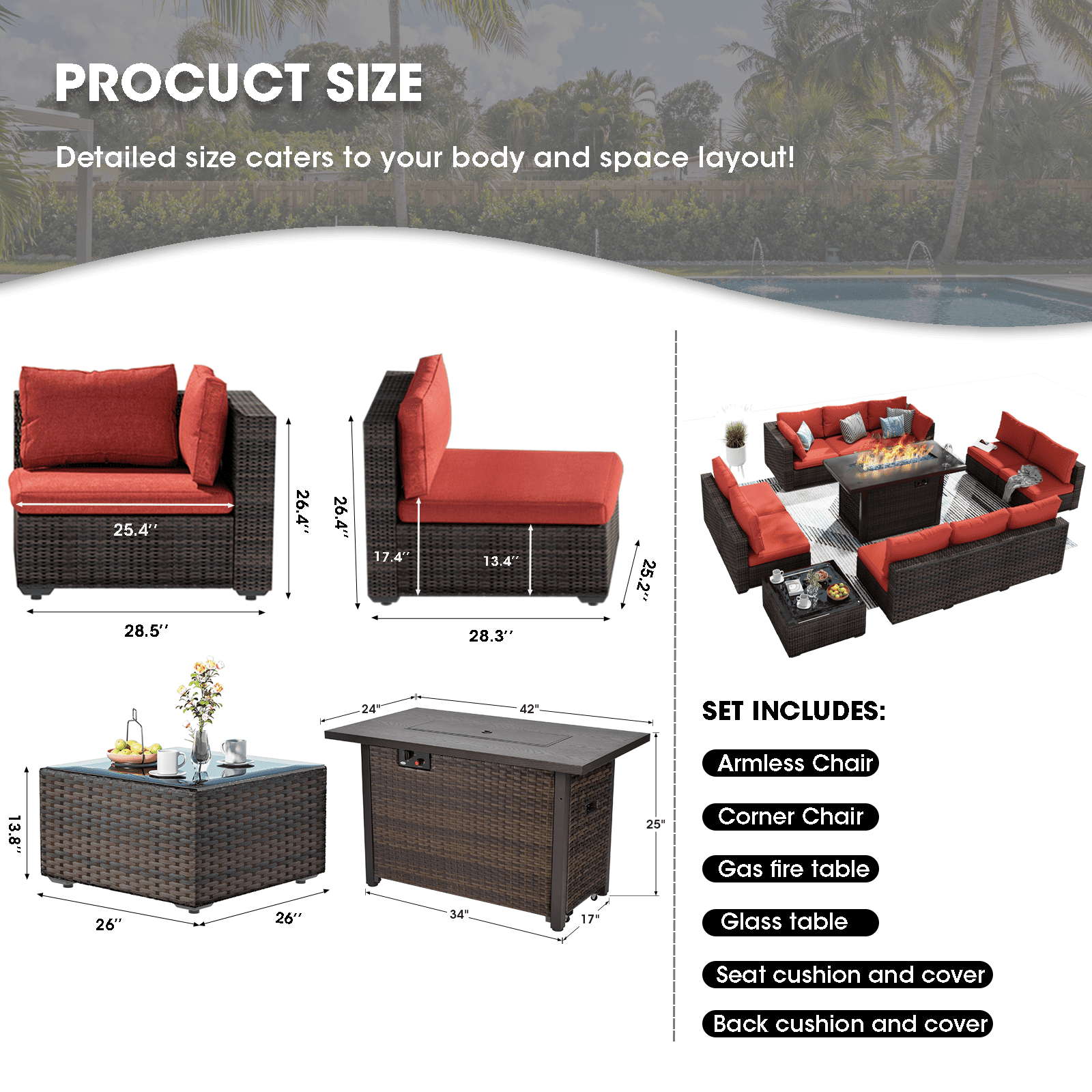 GREZONE 12-Piece Outdoor Patio Furniture Set with 43 in 55000 BTU Gas Propane Fire Pit Table and Rattan Wicker Sectional (Red) clrfx
