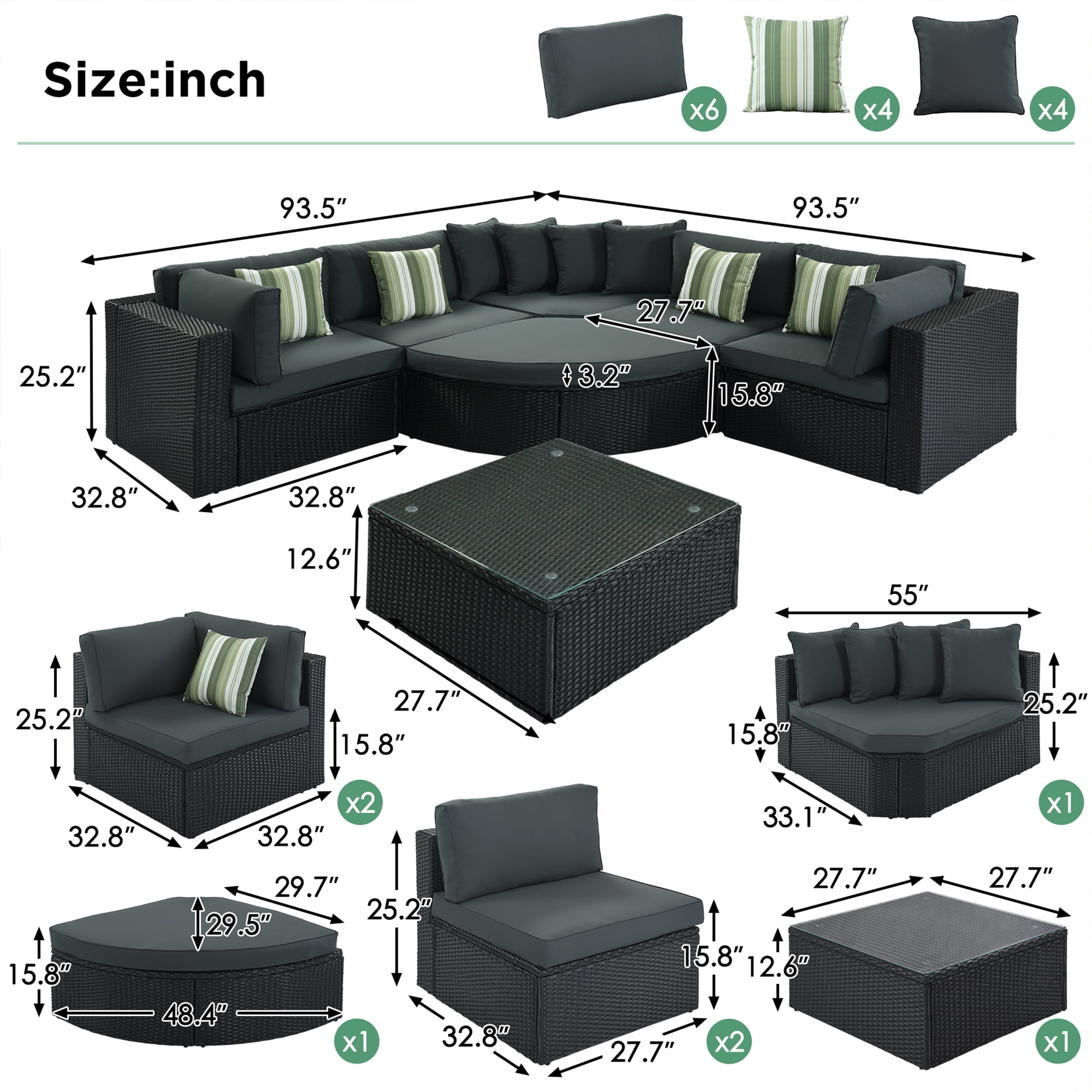 Vanress 7-Piece Outdoor Patio Furniture Set, Sectional Rattan Wicker Sofa with Cushions and Glass Coffee Table (Grey, 7-Piece Set) q4fkr
