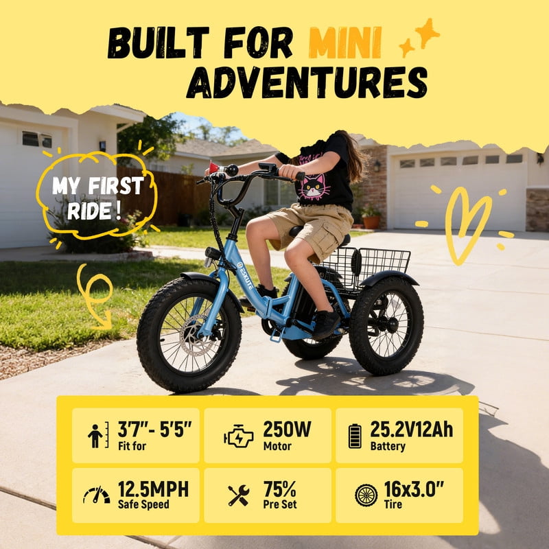 Elecby T300mini Electric Tricycle, 16 in Fat Tire Folding 3-Wheel E-Bike with 500W Motor (Blue) m1q5x