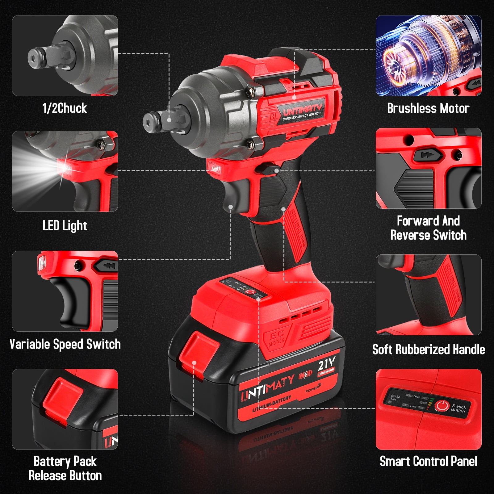 UNTIMATY Brushless Impact Wrench 1/2-inch Cordless Power Tool Set with 4.0Ah Battery (Red, 23-Piece Kit) zcqgl