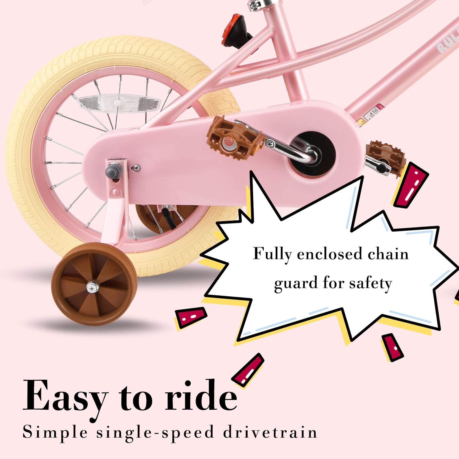 Rully 14 Inch Girls Retro Cruiser Bike with Training Wheels, Basket, and Doll Seat (Pearl Pink, 14 in) 54ffr