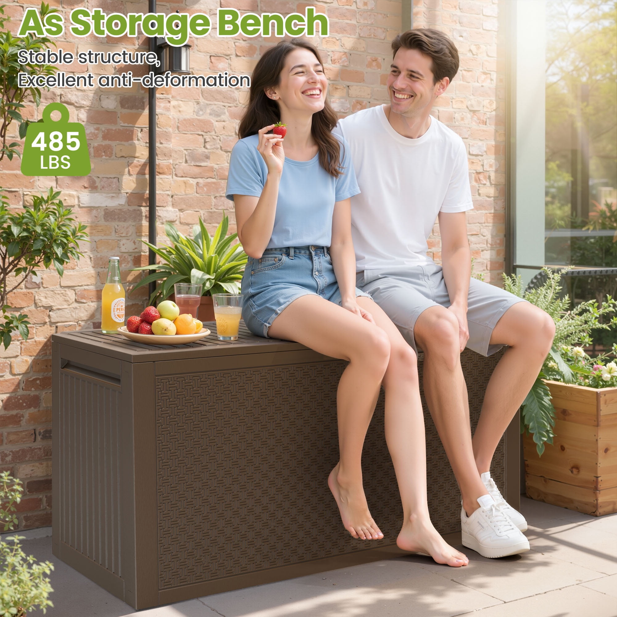 Seizeen Outdoor Storage Deck Box, Waterproof Resin Patio Bench with Lockable Lid (Brown, 90 Gallon) 0k5q1