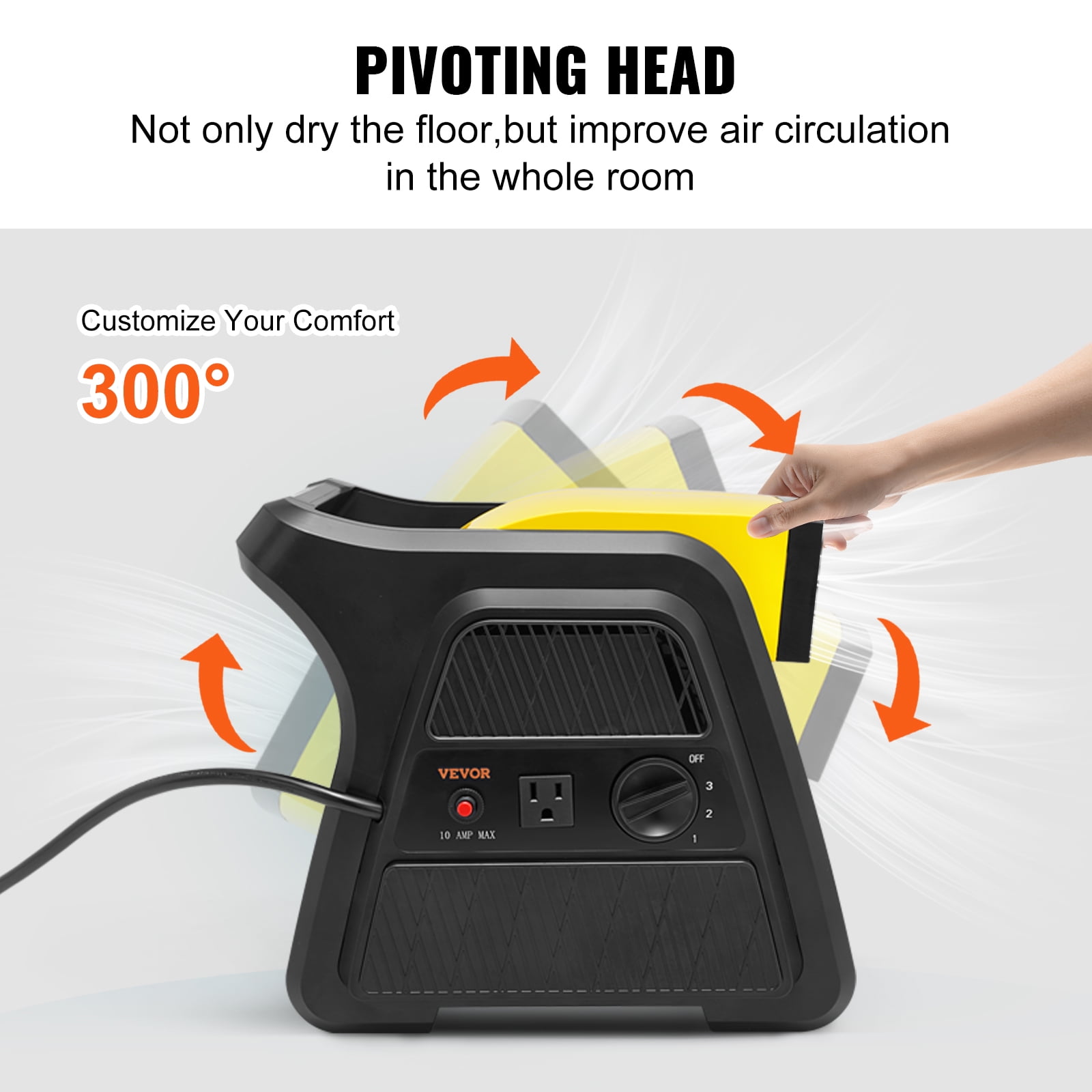 VEVOR 600 CFM 3-Speed Floor Blower Fan, Portable Utility Air Mover for Carpet Drying and Ventilation (Black, 12.8 in x 10.2 in x 11.4 in) hyknc
