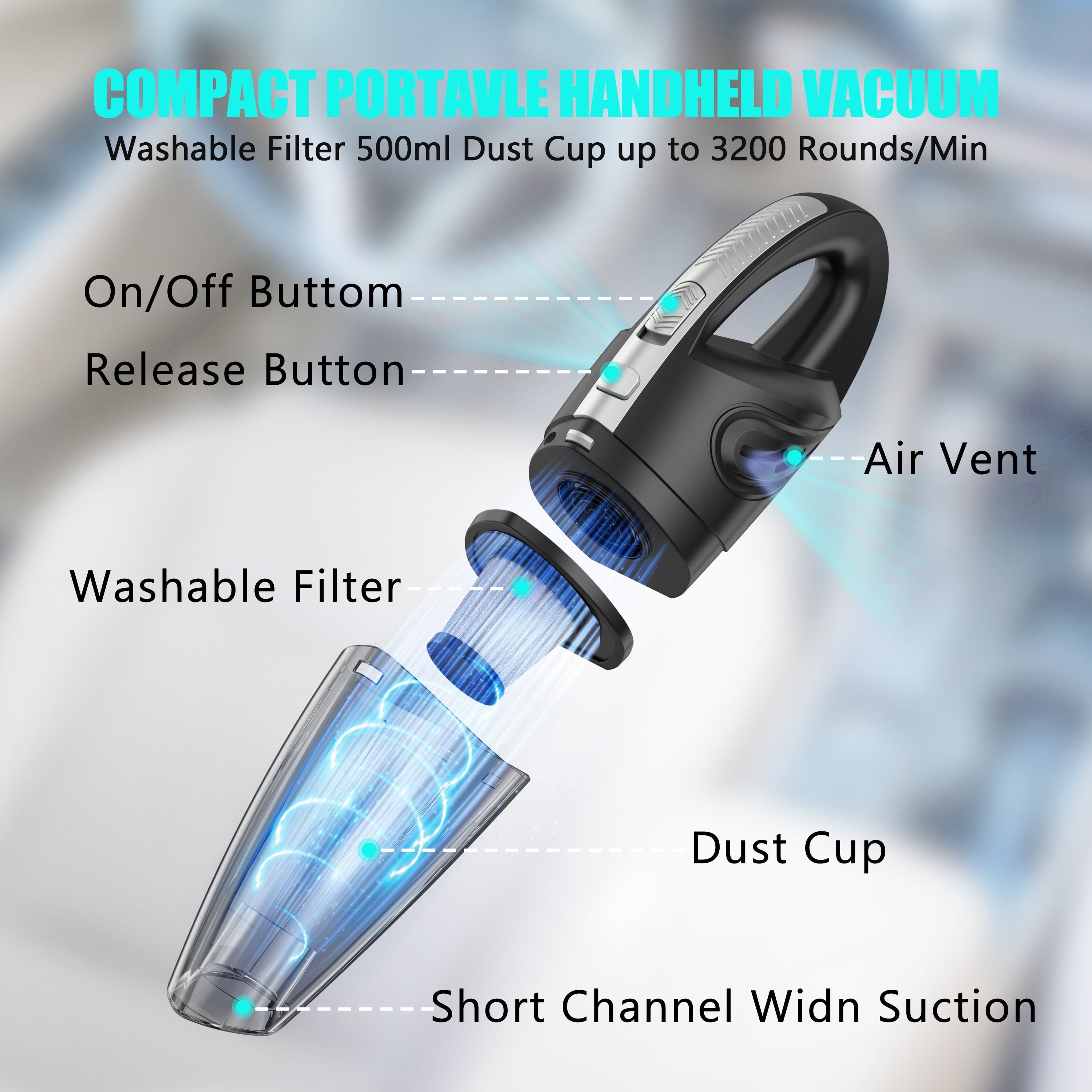 Juyafio Cordless Handheld Vacuum Cleaner with 10000PA Suction, Portable Rechargeable Design for Car and Home (Blue) qvyag