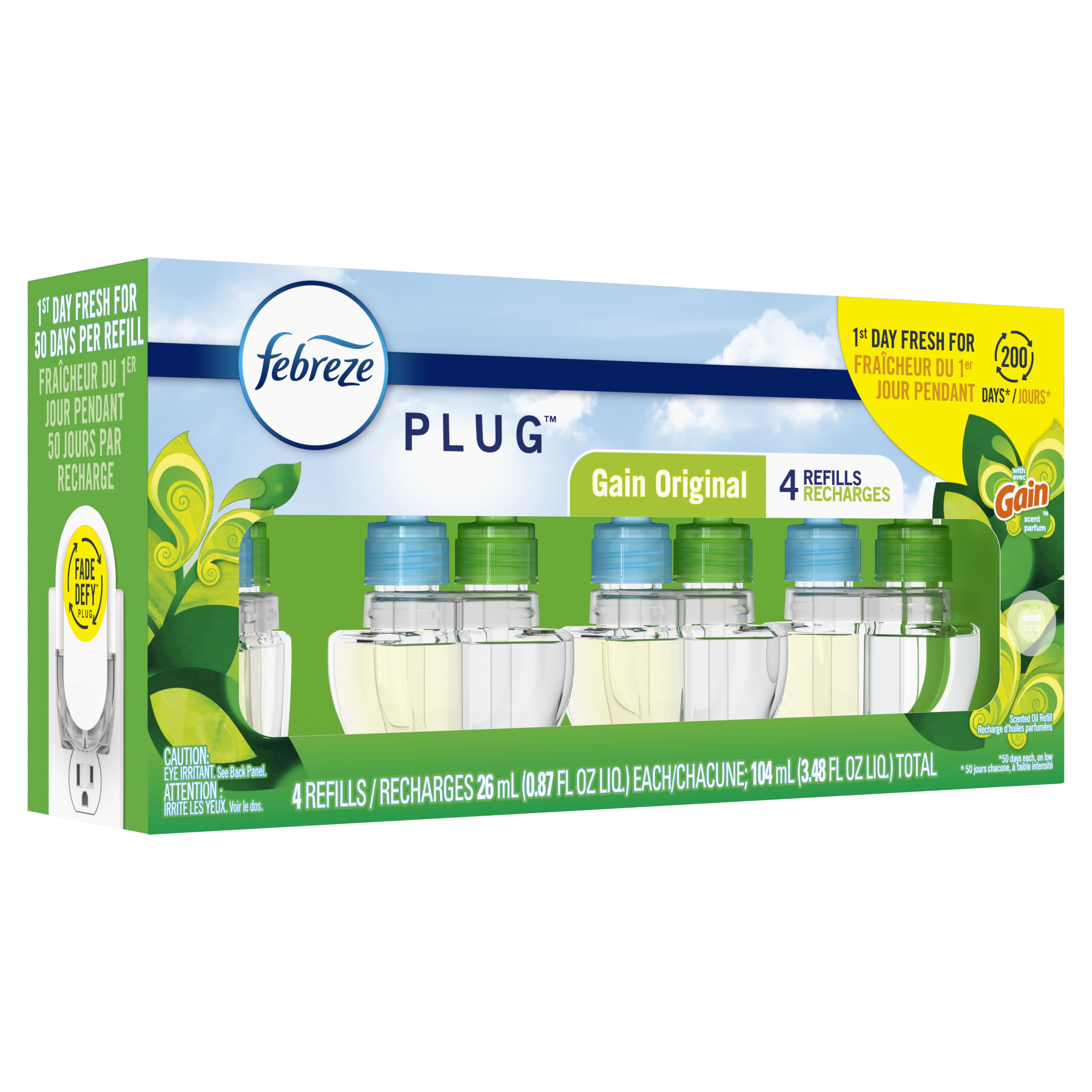 Febreze Fade Defy Plug In Air Freshener Scented Oil Refill (Gain Original, 4 Count, 0.87 fl oz each) cn3wz