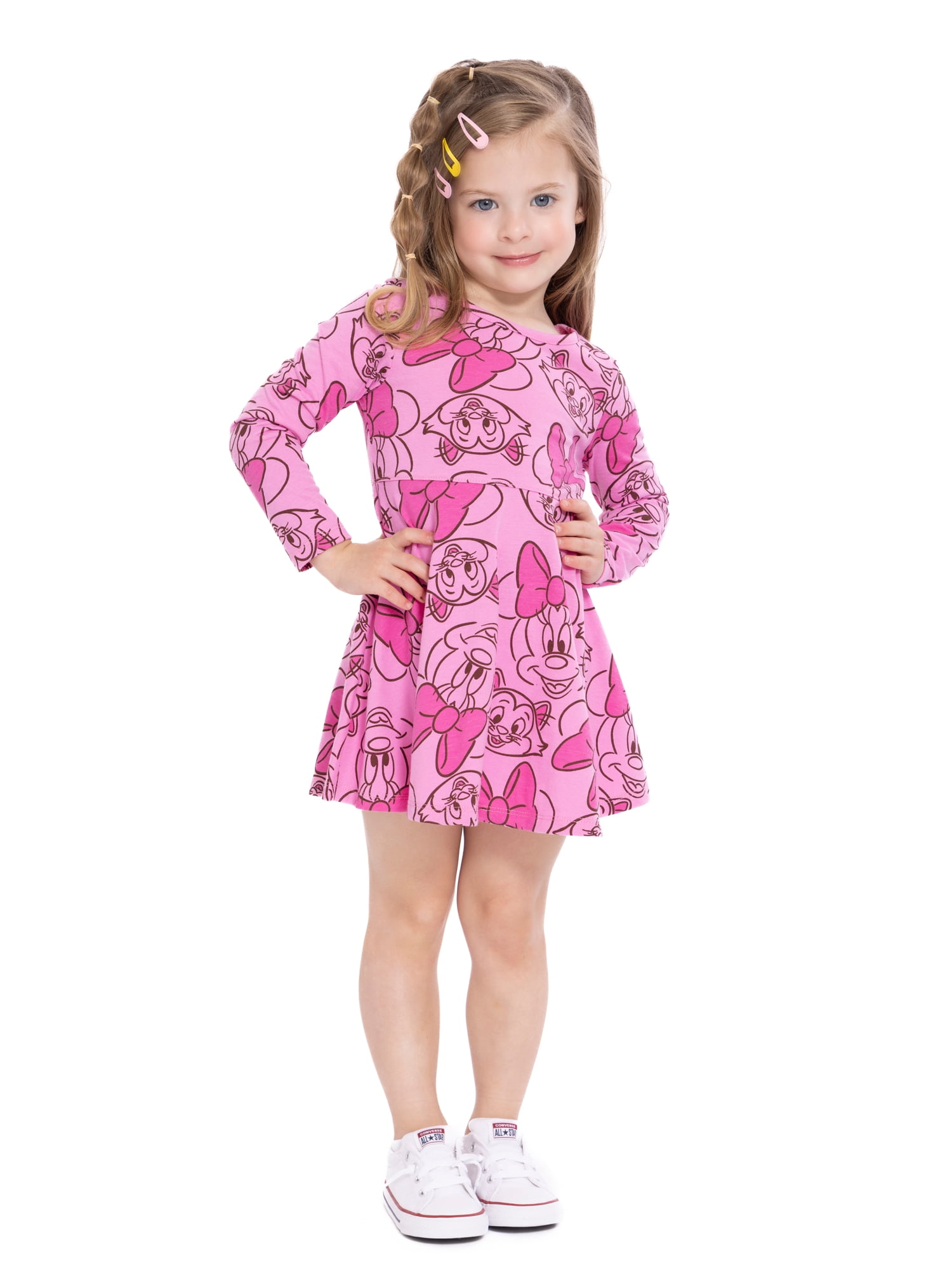 Minnie Mouse Toddler Girls Long Sleeve Print Dress (Pink, 12M-5T) 700pm