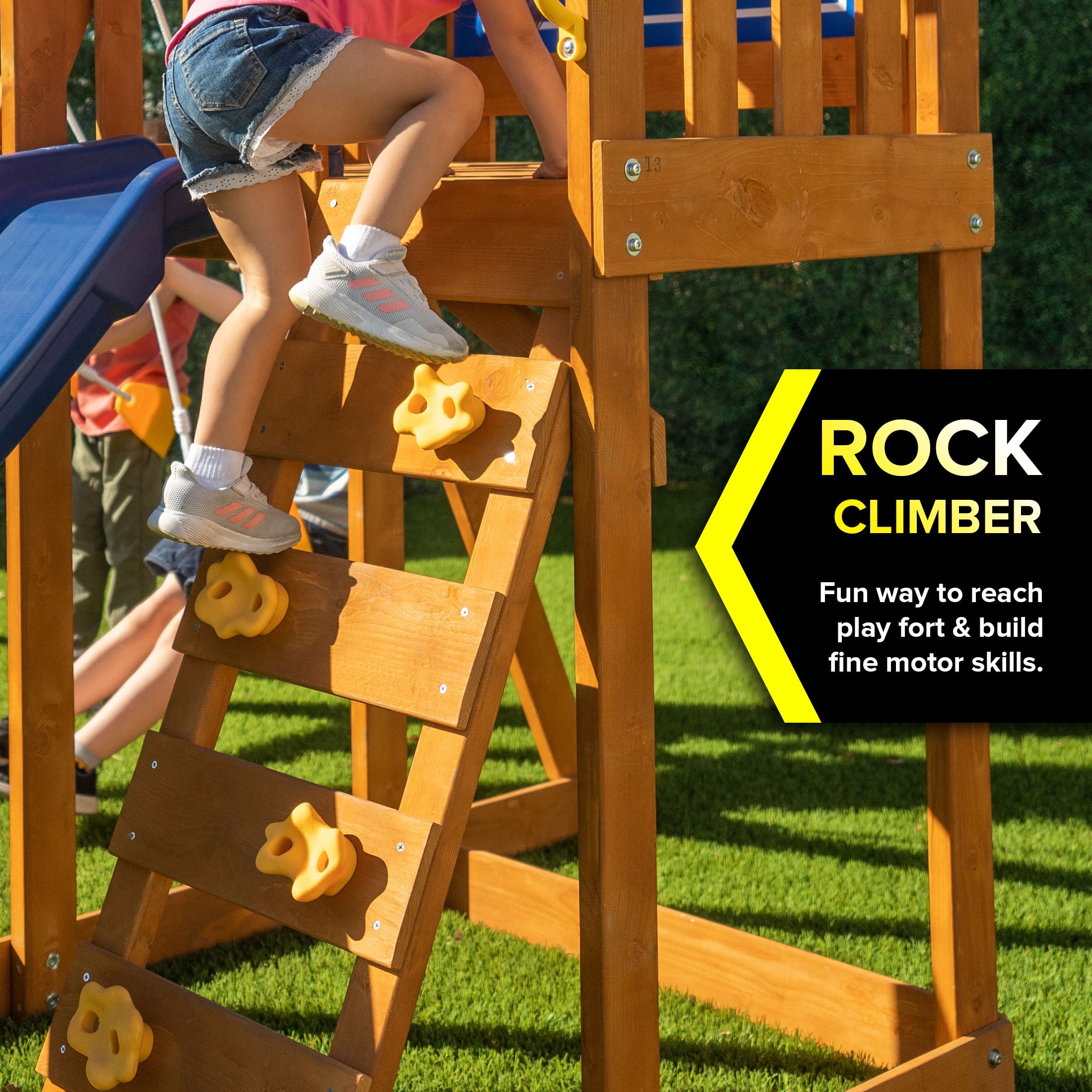 Sportspower North Peak Wooden Swing Set with Slide, Play Fort, Rock Climber & Sandbox (Yellow, 1 Set) 6q85e