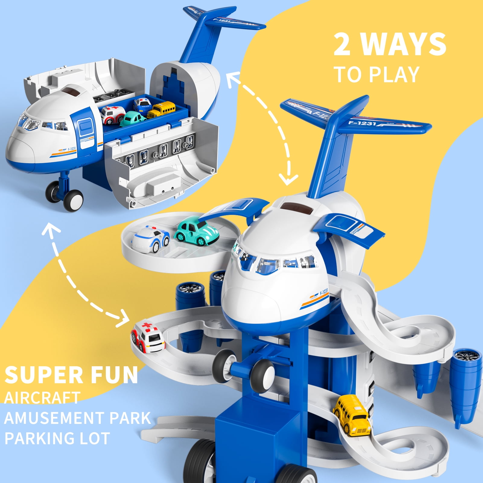 Lucky Doug Airplane Toy Set with Track and 8 Mini Cars (Blue, 1 Set) 3z9s0