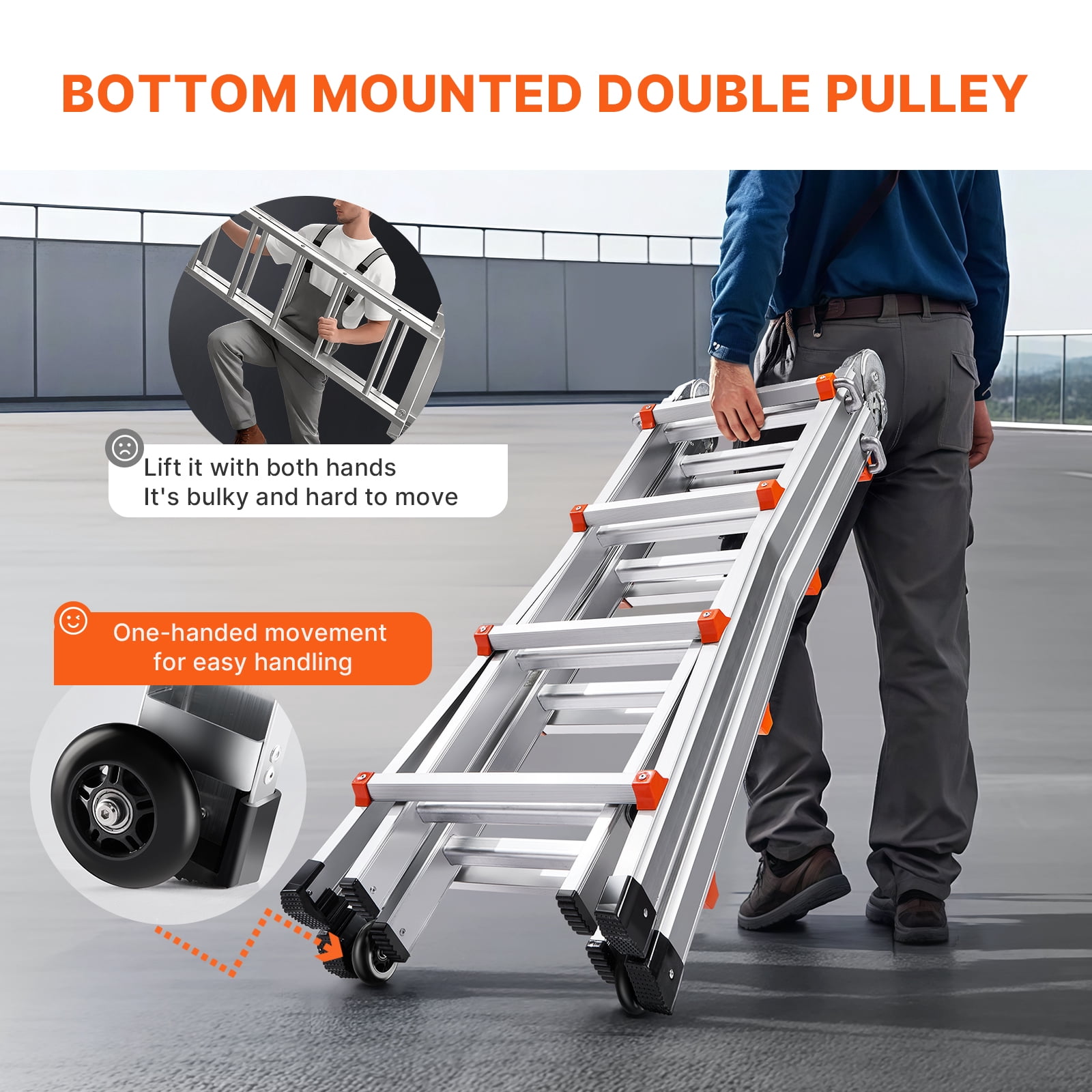 KFFKFF A-Frame Telescopic Extension Ladder, Multi-Purpose Aluminum Foldable Ladder for Home and RV (Silver, 15 ft) 2lz24