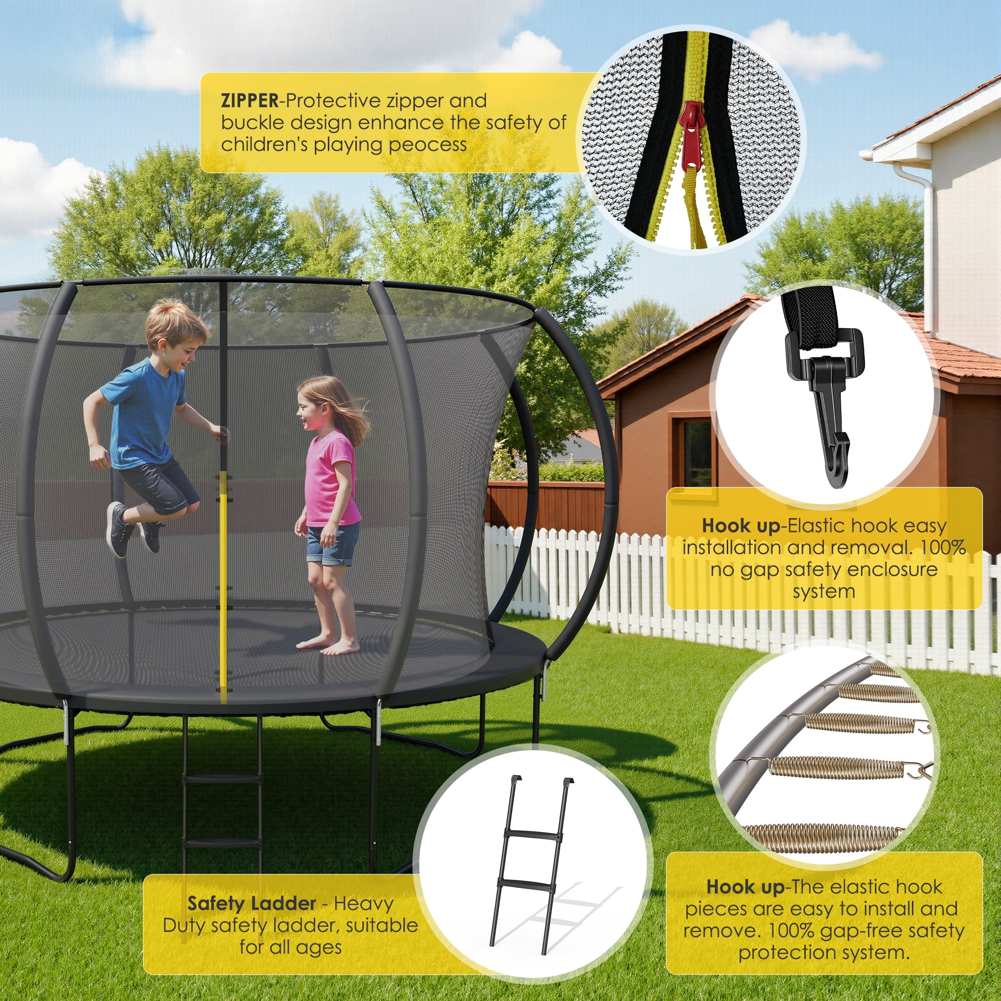 MarKnig Outdoor Round Trampoline with Safety Enclosure Net and Ladder, Heavy-Duty Backyard Recreational Jumper (Black, 14 ft) c0l87