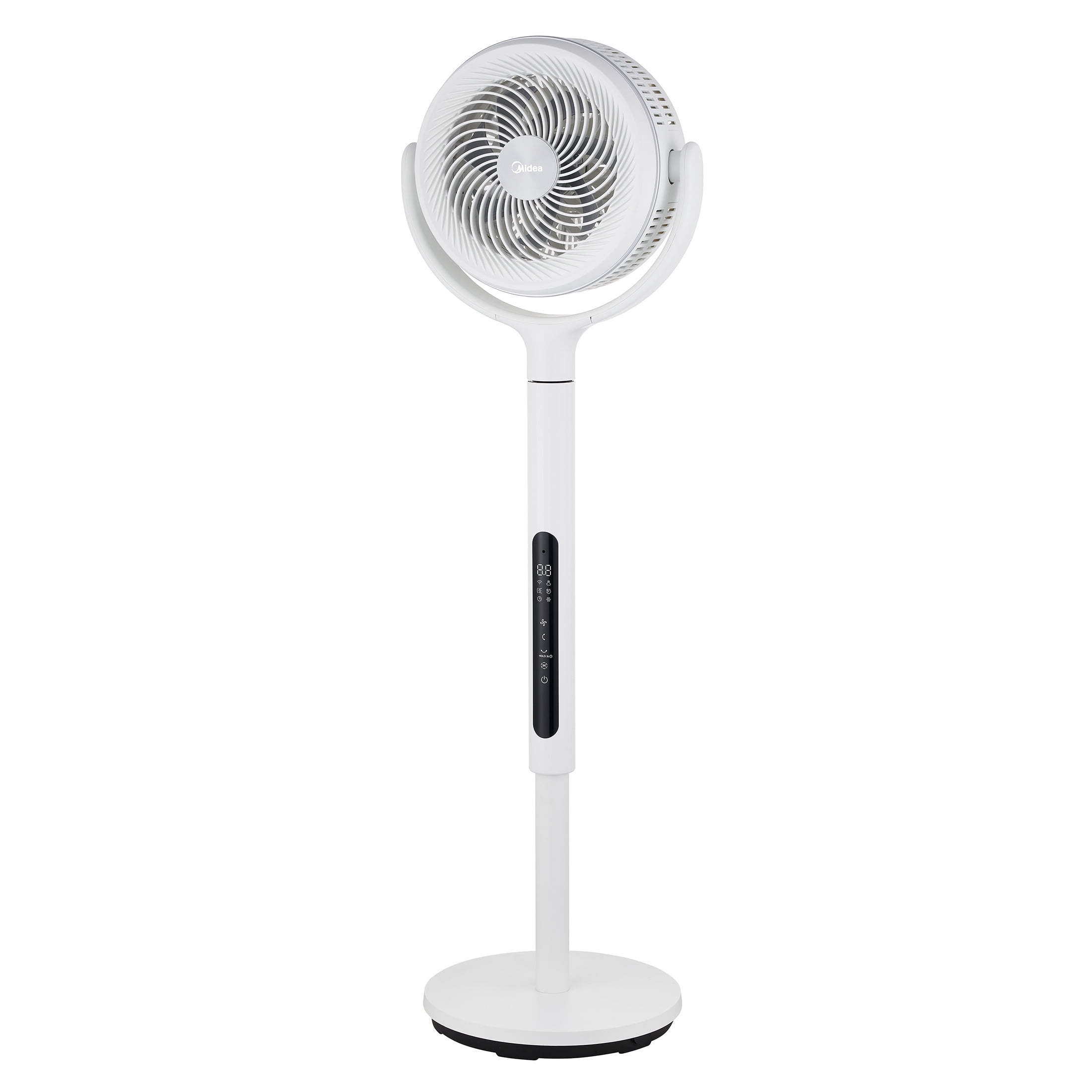 Midea Smart Pedestal Fan with Remote, 12-Speed Adjustable Height Oscillating Cooling Fan (White, 33.9-44.1 in) to45o