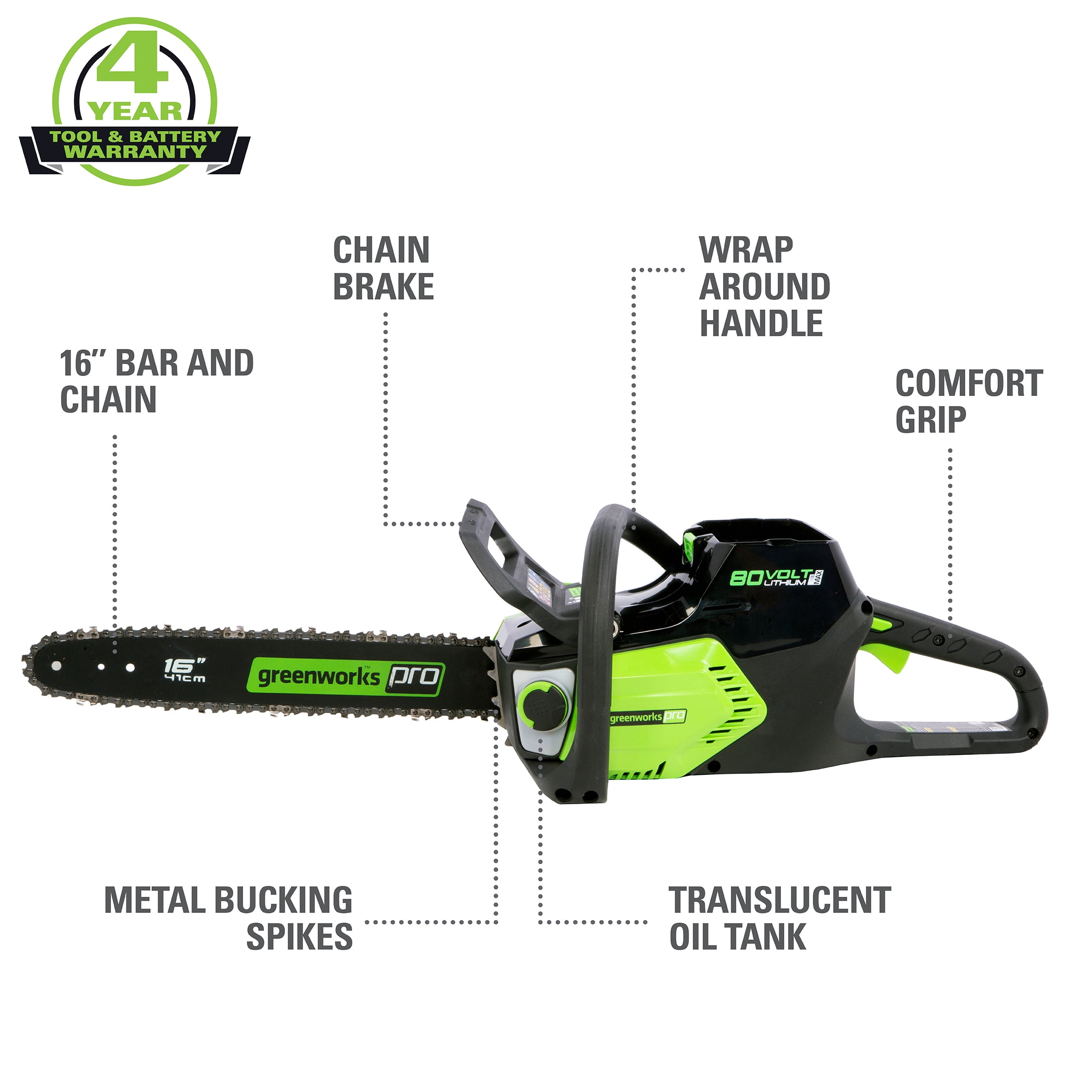 Greenworks Pro 80V 16-inch Cordless Brushless Chainsaw (Black, 16 in) psf3f