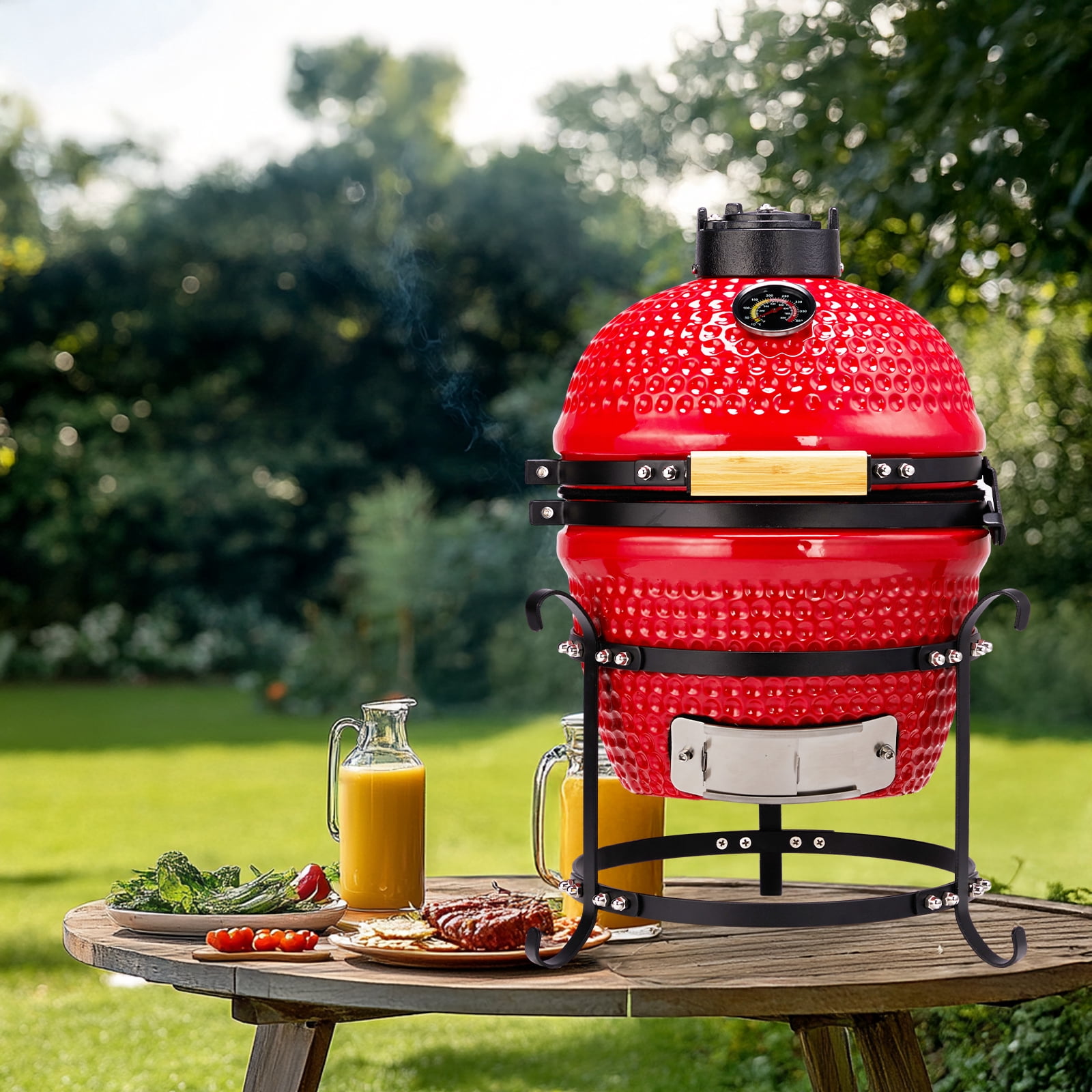 BAYUELSWU 13in Round Ceramic Charcoal Grill, Portable Kamado BBQ Smoker for Outdoor Cooking (Red, 13 in) ur8xx