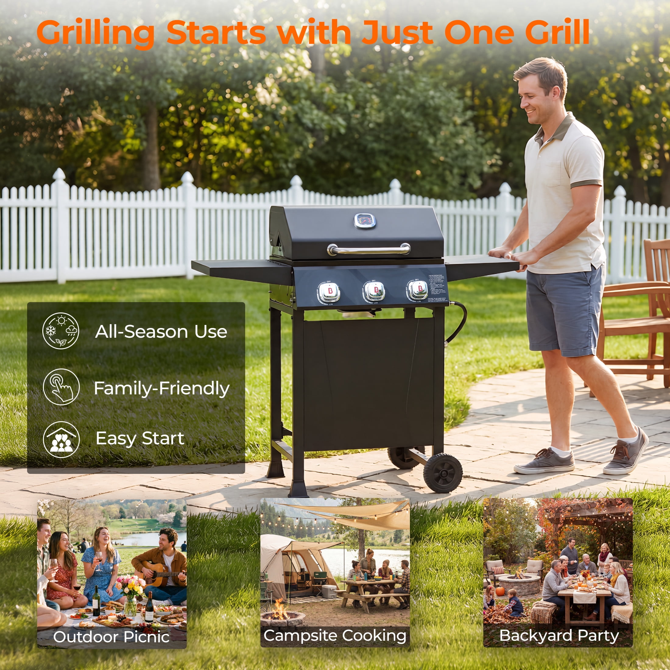 Fliintex 3-Burner Propane Gas Grill, Outdoor BBQ Grill with Porcelain-Coated Grates and Built-in Thermometer (Black, 467 sq. in.) r3jzw