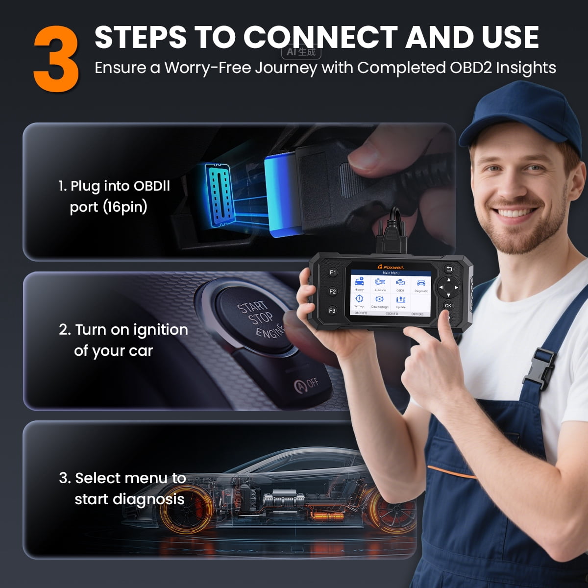 Foxwell GT20 OBD2 Scanner 4-System Diagnostic Tool for ABS SRS Transmission Engine (Black) p082n
