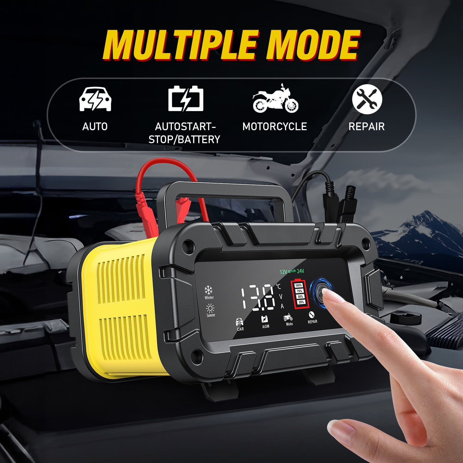 HUSGW Smart Car Battery Charger, Fully-Automatic 12V 20A and 24V 10A Dual Voltage Power Supply for Lead-Acid and LiFePO4 Batteries (Yellow) 09uza