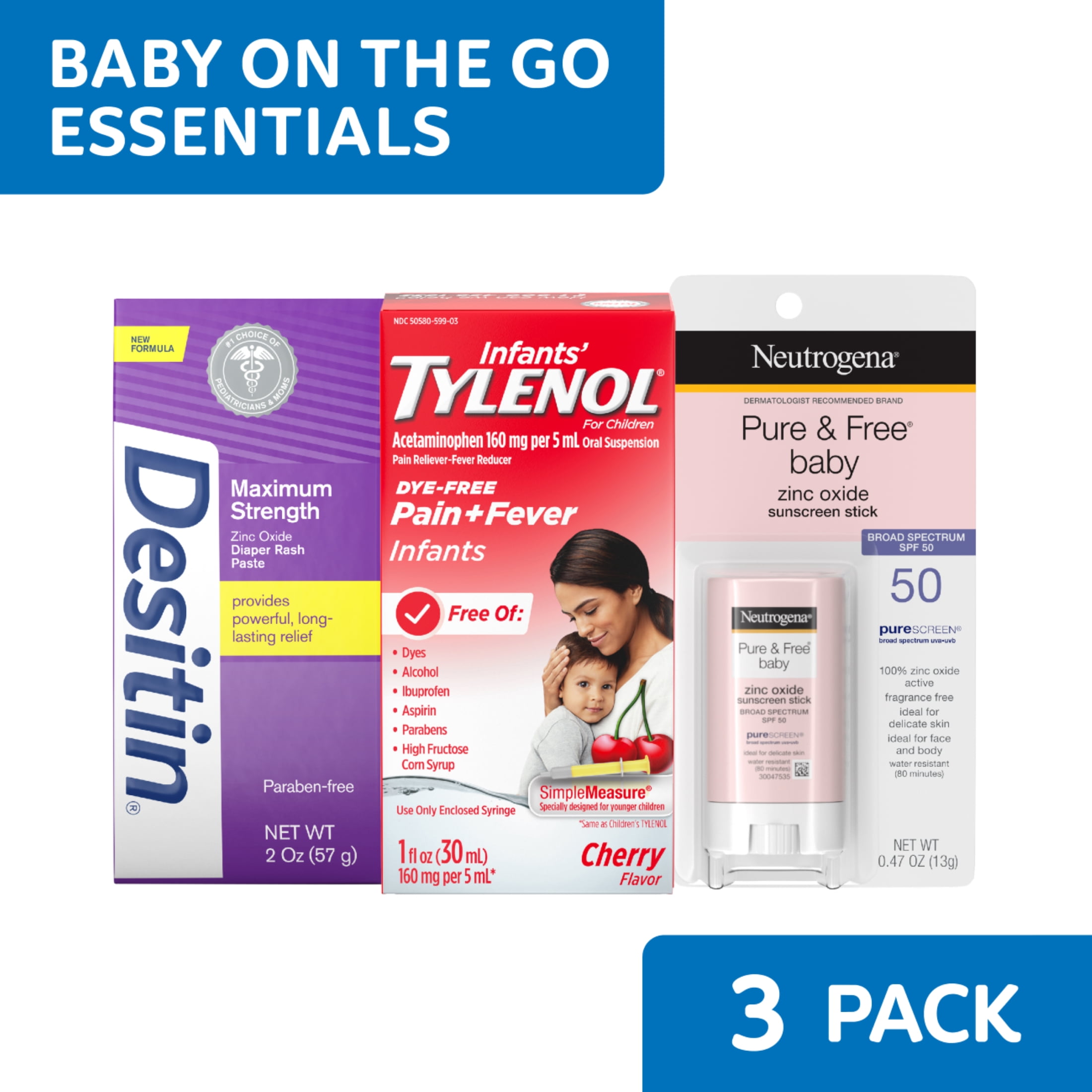 TYLENOL Baby Care Travel Essentials Kit with Sunscreen and Diaper Rash Relief (3 Piece Set) vn53d