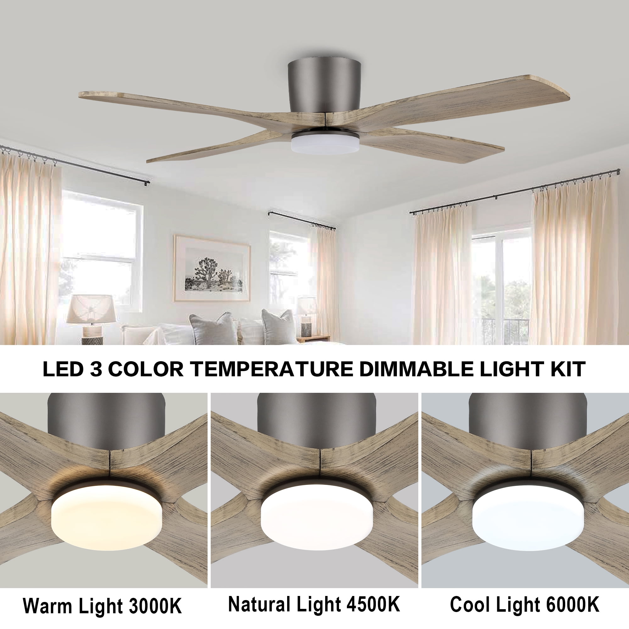 LEDET 54 in. Indoor Ceiling Fan with Light Kit, 4 Solid Wood Blades, Remote Control (54 in) bzy2h