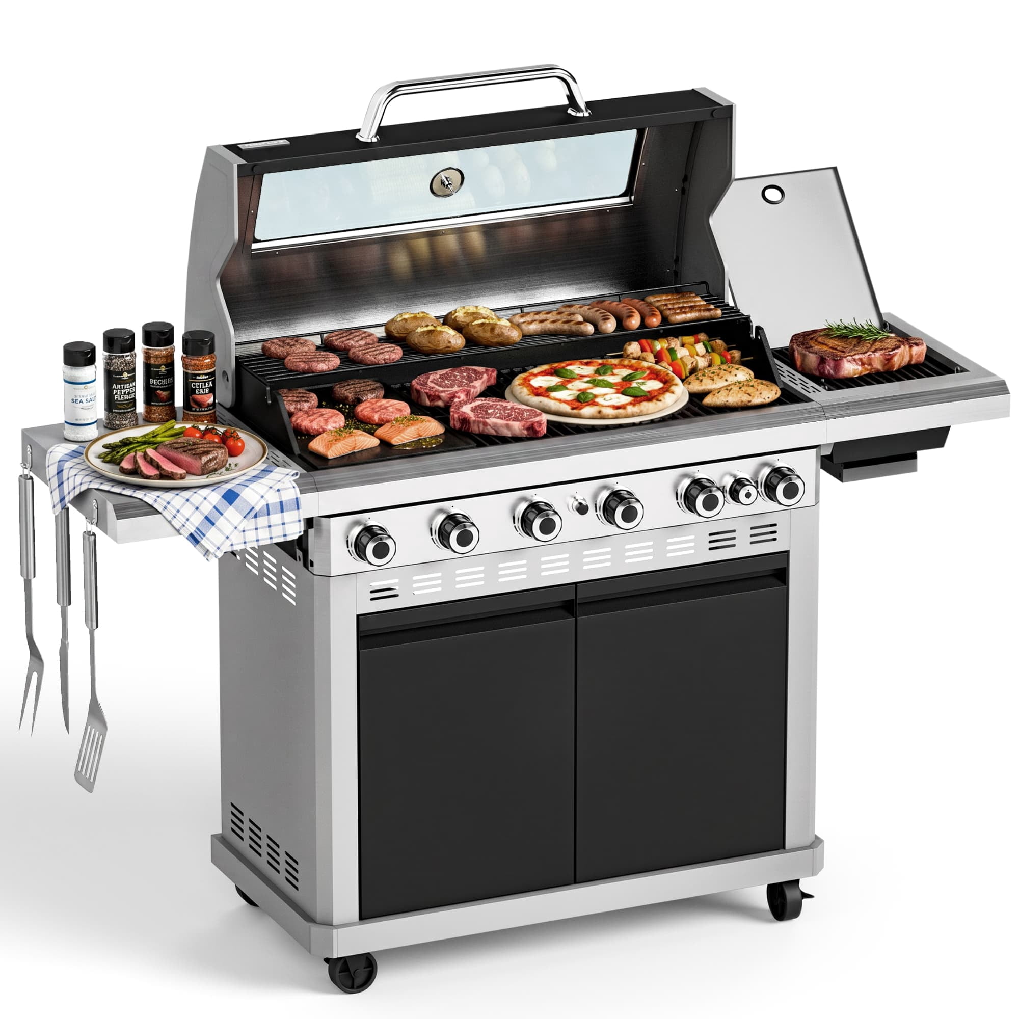 MF Studio 6-Burner Propane Gas Grill with Infrared Side Burner and Griddle Zone (Black, 840 sq.in) w78tr