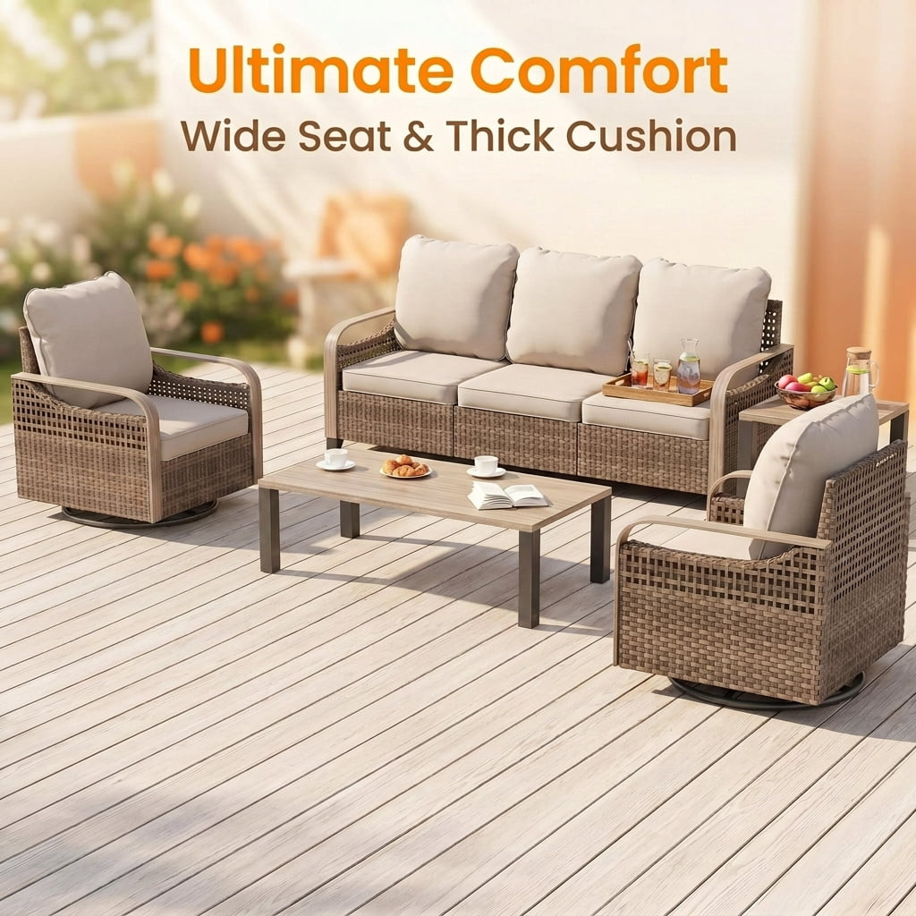 Poteban Outdoor Patio Wicker Furniture Set (Beige, 6-Piece Set) 255q0