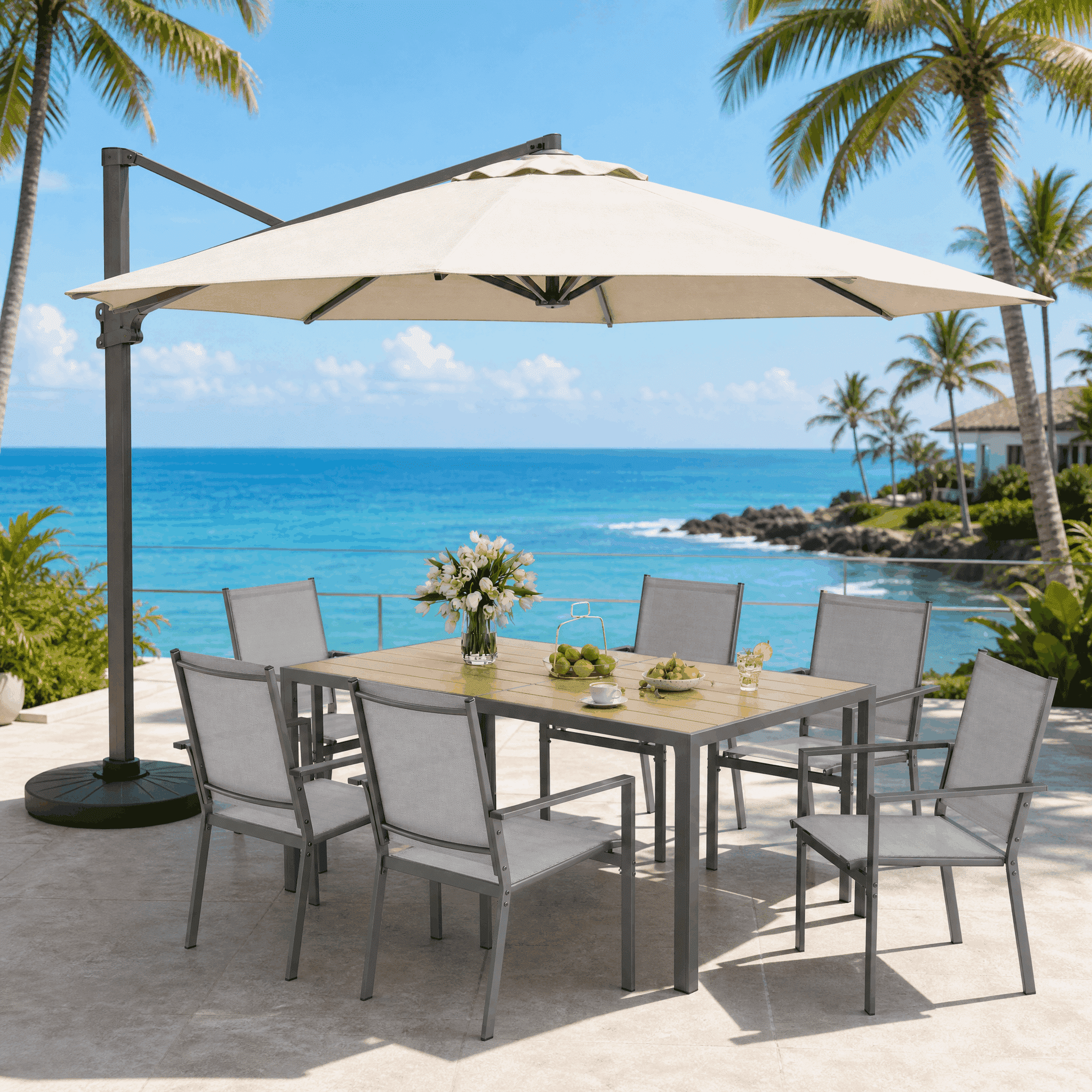 Asofer Outdoor Patio Dining Set with Metal Table and 6 Textilene Chairs (Gray, 7-Piece Set) dir7t