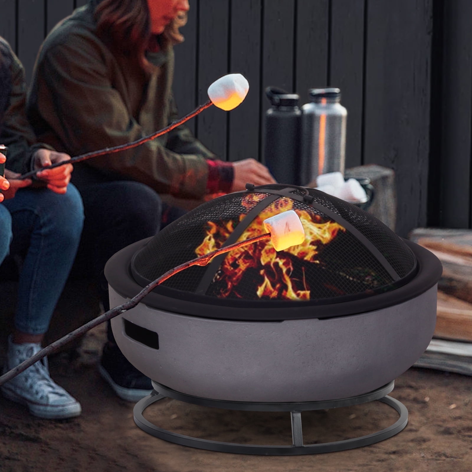 Afterglow Round Terrafab Wood Burning Fire Pit with Spark Screen and Poker (Light Gray, 31.89 in x 31.89 in x 13.58 in) zsyrq