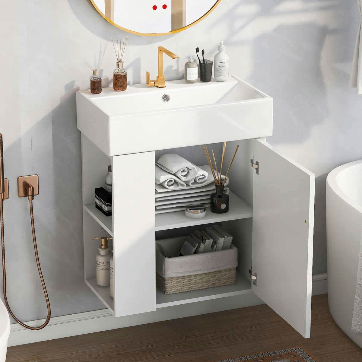 Kadyn Wall-Mount Bathroom Vanity, Modern Floating Vanity with Ceramic Basin and Left Side Storage (White, 21.6 in) 71b1h