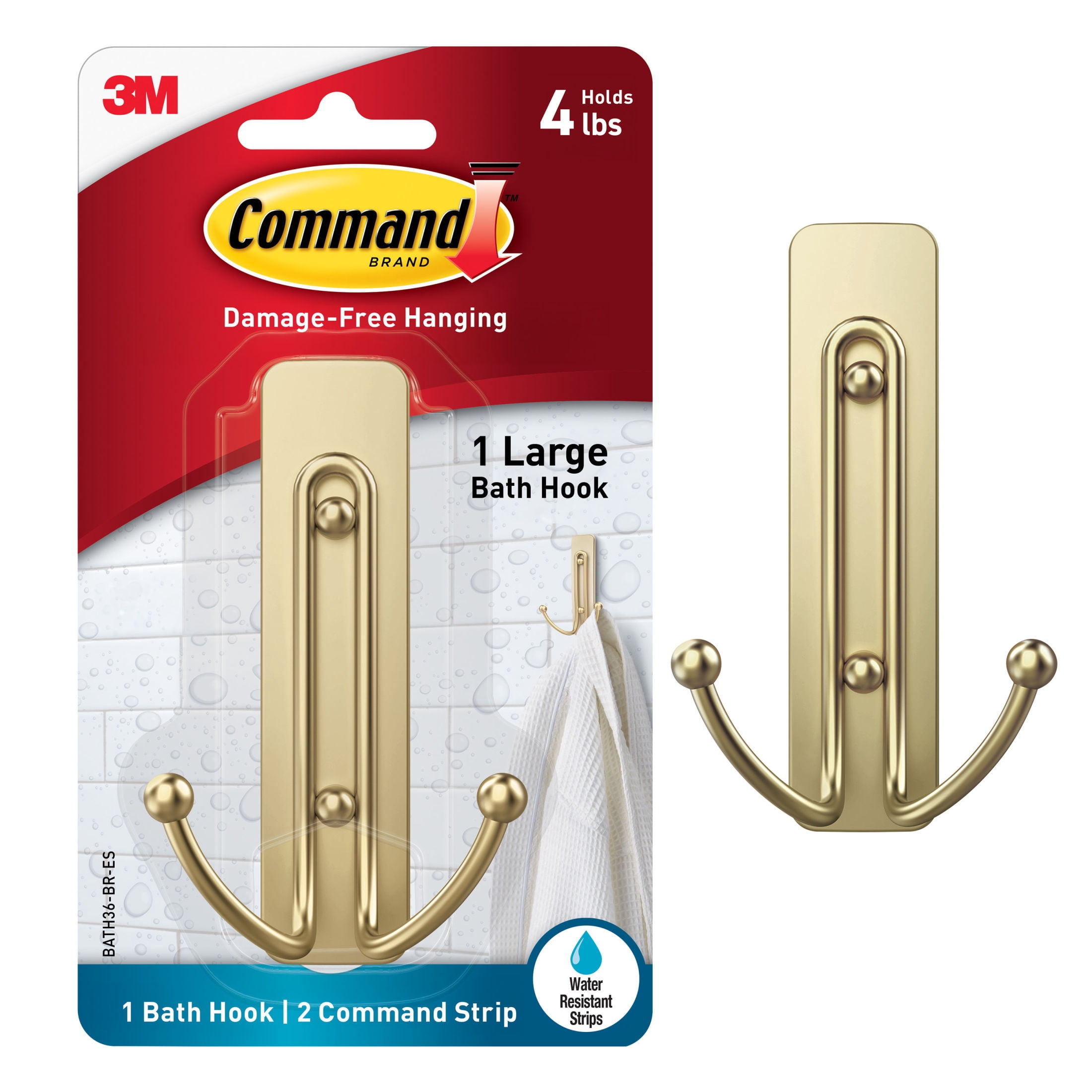 Command Bath Large Satin Brass Double Hook (Satin Brass, 3 Pack, 4 lb Capacity) 7lvwk