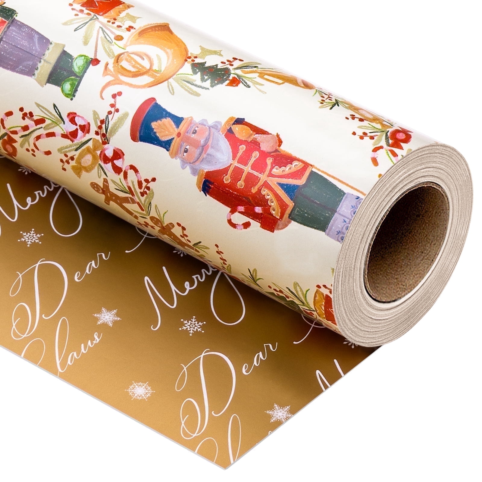 HOMERAL Christmas Wrapping Paper Roll, Nutcracker and Wreath Pattern Gift Wrap (Gold, 17 in x 33 ft) rxeff