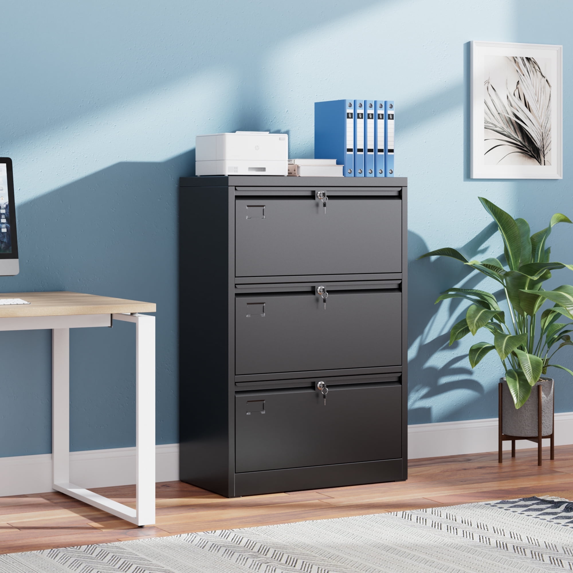 GangMei 3-Drawer Metal Lateral File Cabinet with Individual Locks and Hanging Folder Rails (Black) pyuz5