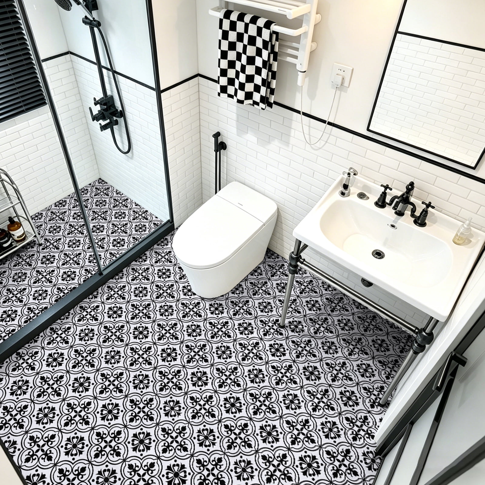 Abyssaly Peel and Stick Vinyl Flooring Tile, Waterproof Self-Adhesive Decorative Floor Covering for Kitchen and Bathroom (Black and White Flower, 15.7 in x 157.5 in) x09m8