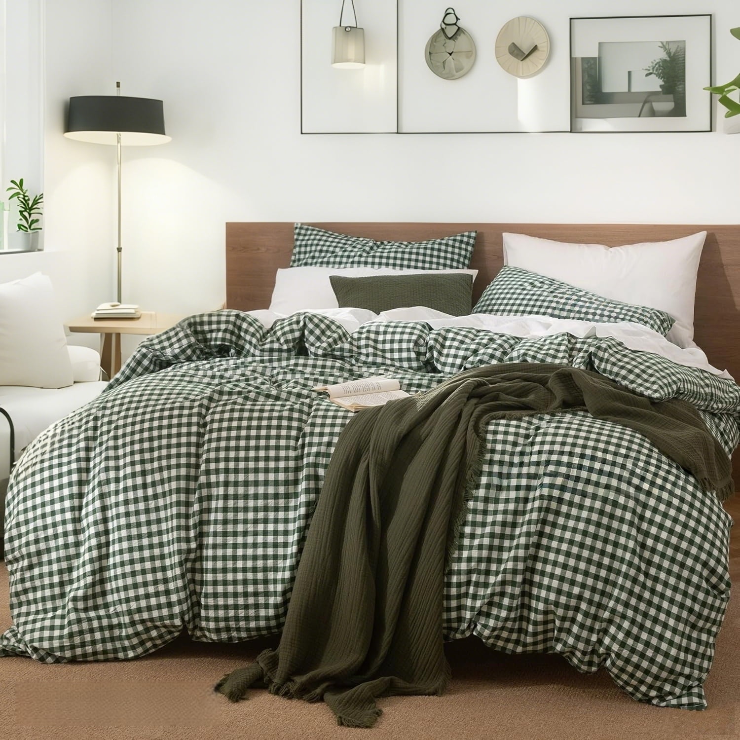 Nayoroom Organic Cotton Gingham Duvet Cover Set, Breathable Textured Bedding with Corner Ties (Dark Green, Queen) ctzkp