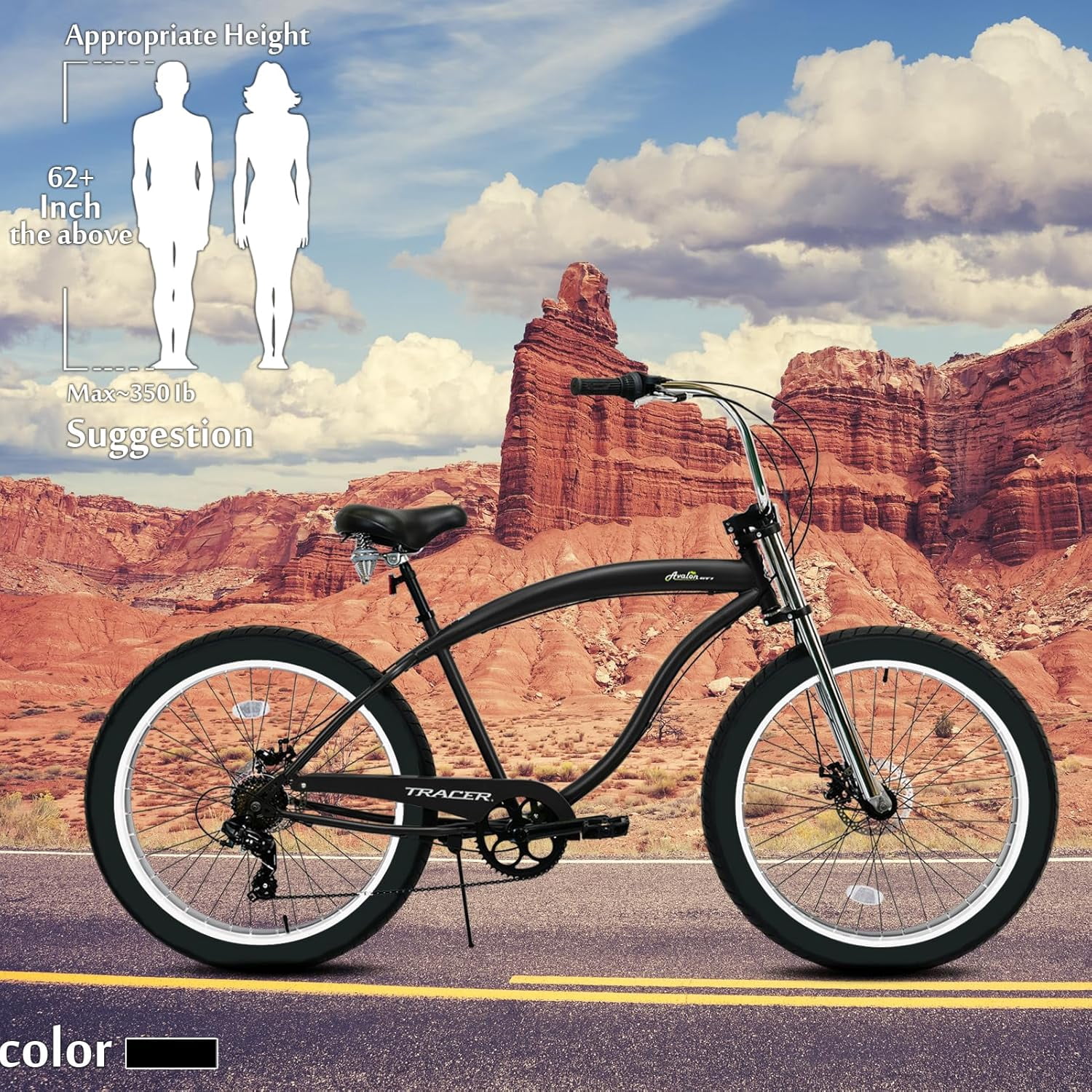 Tracer Bikes Avalon GT7 Beach Cruiser Bike, 7-Speed, Disc Brakes, Fat Tires (Matte Black, 29 in) 04rdn