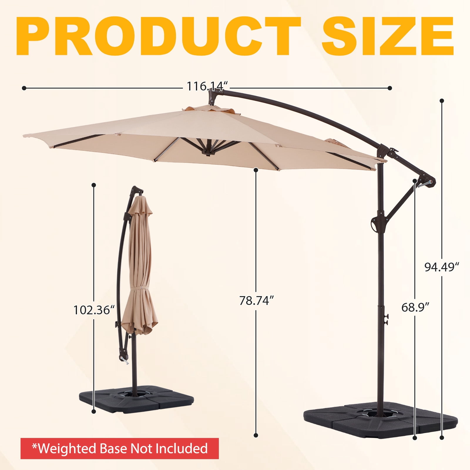FUNDAZE 10ft Patio Umbrella, Hanging Cantilever Offset Outdoor Umbrella with Adjustable Tilt (Beige, 10 ft) 2inkq