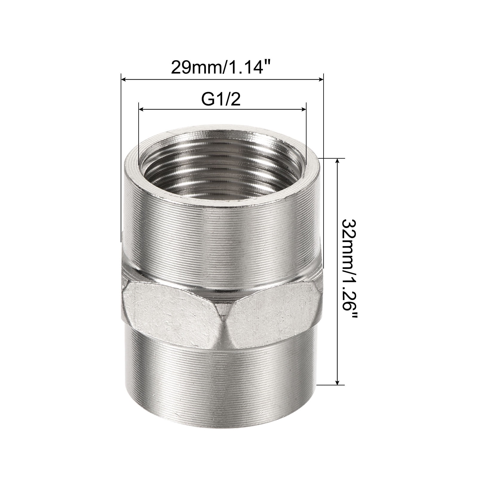 Uxcell G1/2 Female to Female Thread Hex Stainless Steel Pipe Fitting Connector (Silver, 1.26 in x 1.14 in) p6eft