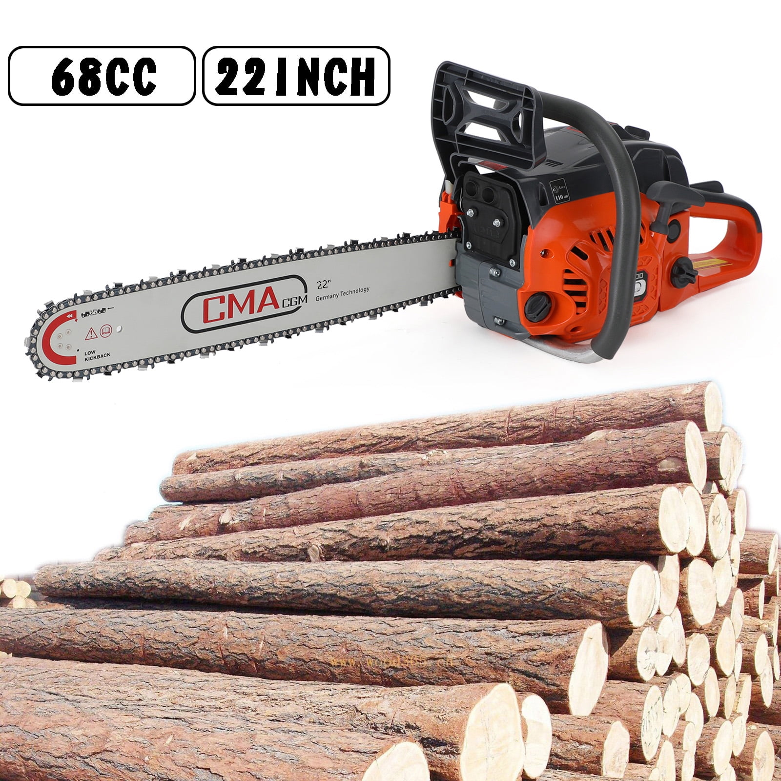 Topteng 68CC Gasoline Powered Chainsaw, Heavy-Duty Wood Cutting Tool with Automatic Chain Oiler (Orange, 22 in) hvlhg