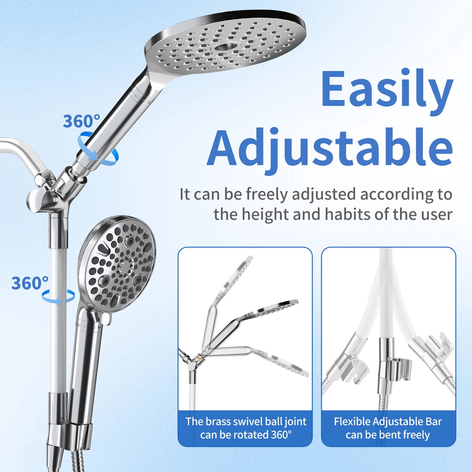KAIYING Filtered Dual Shower Head System, 9-Mode Rain and Handheld Spray Combo with Adjustable Extension Arm (Chrome, 7.5 in) dsyqg