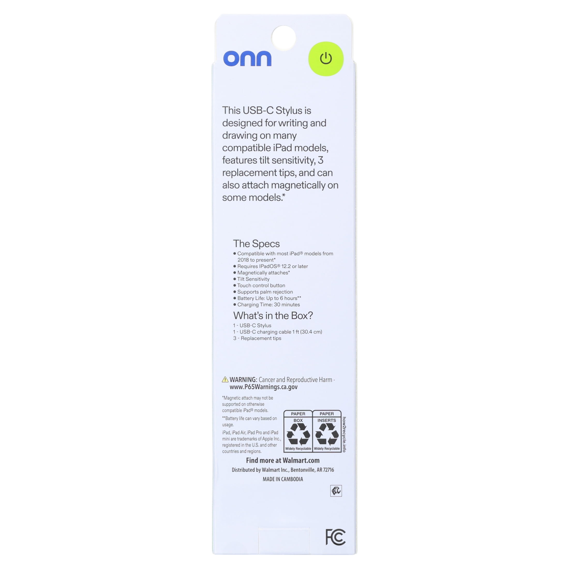 onn. Active Stylus Digital Pencil for Tablets, Precision Fine Tip with Palm Rejection and Tilt Sensitivity (White) 3vckc