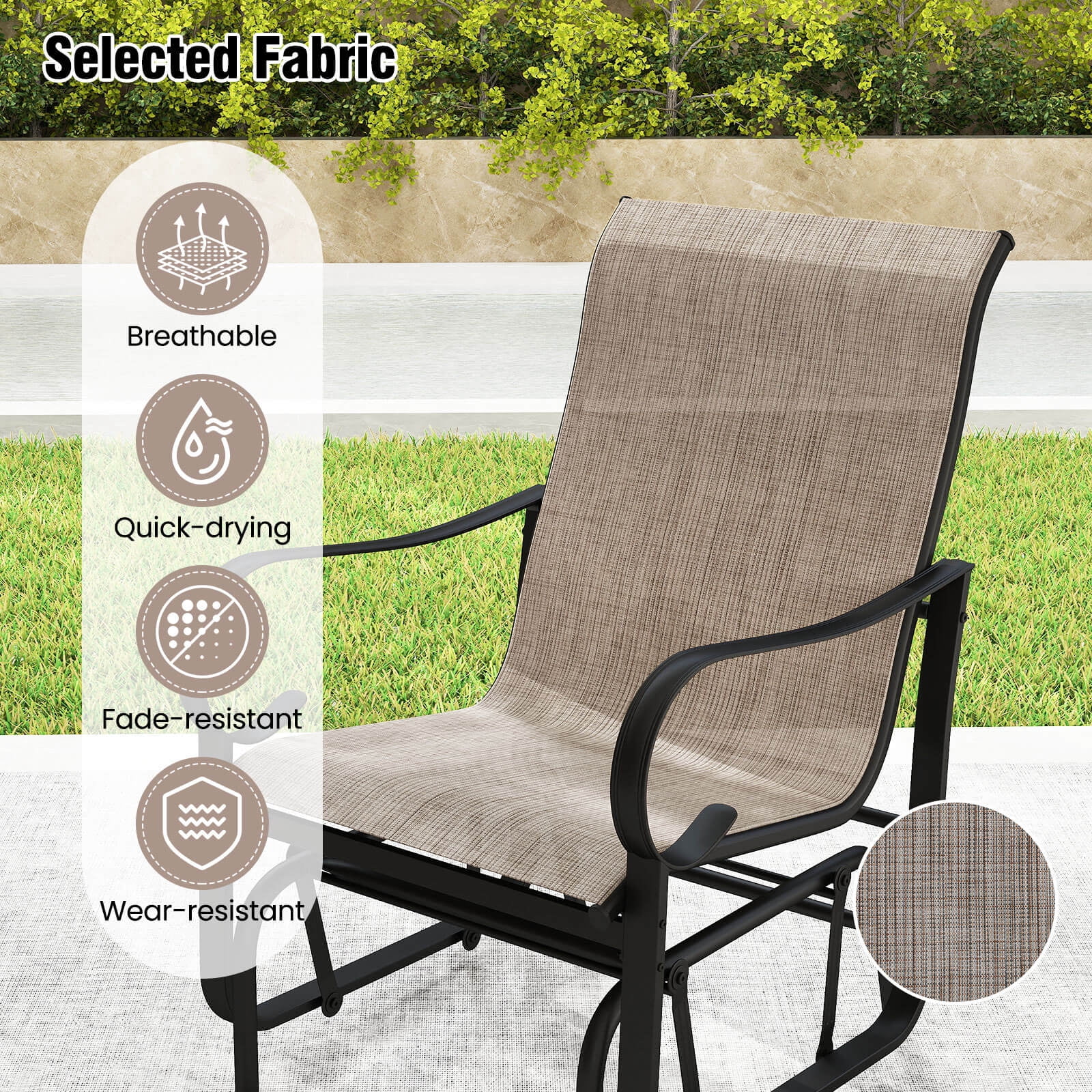 Costway Outdoor Glider Chairs Set of 2, Patio Rocking Chairs with High Backrest and Metal Frame (Brown, 2-Pack) z9uwx