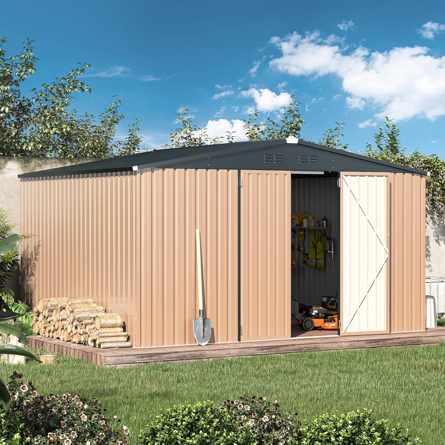 AECOJOY Outdoor Storage Shed, Weather-Resistant Galvanized Steel Garden Building with Lockable Double Doors (Brown, 12 ft x 10 ft) 8jmiy
