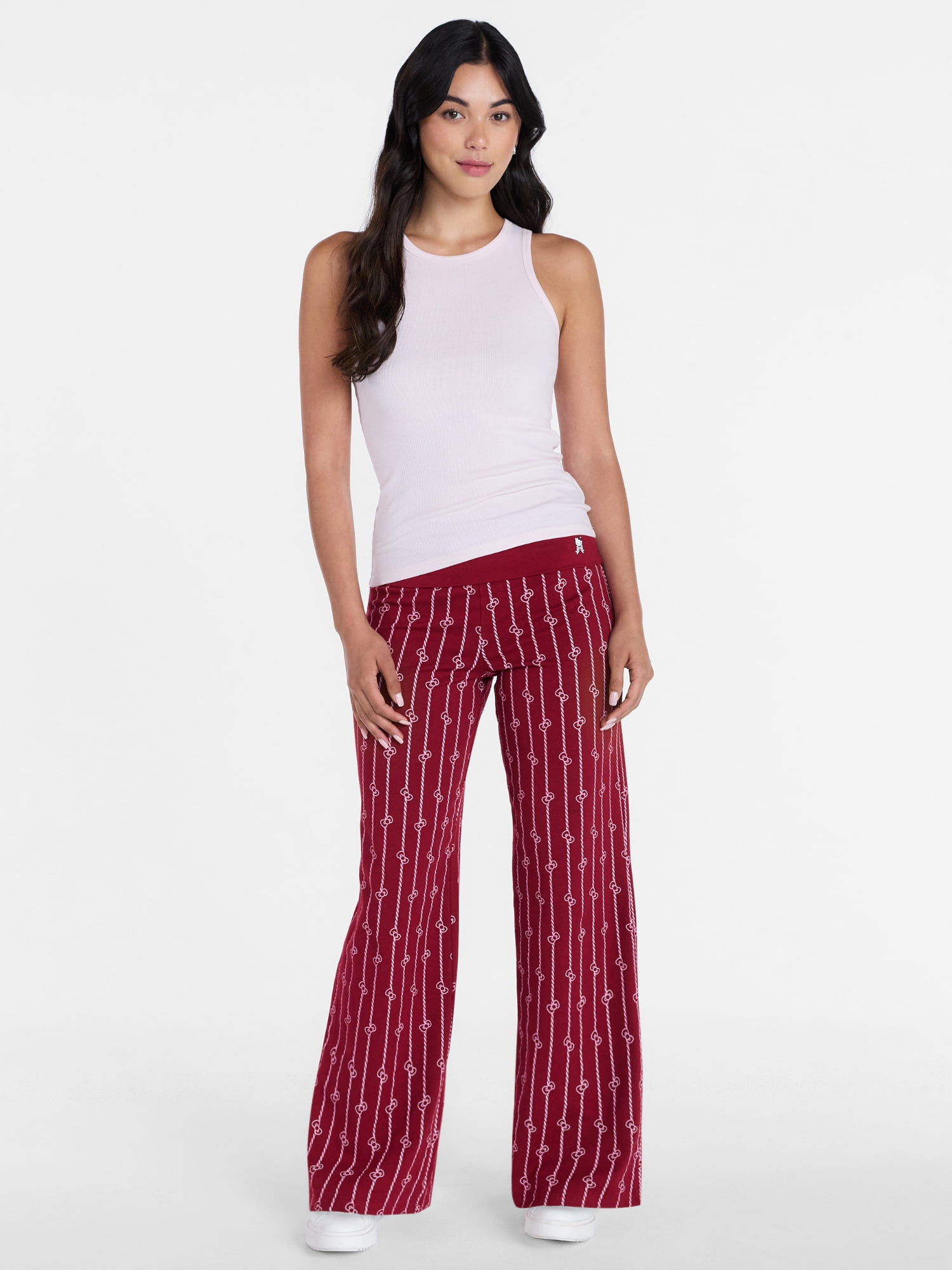 Hello Kitty Women’s Pinstripe Wide Leg Foldover Pants (Red, S) h72ky