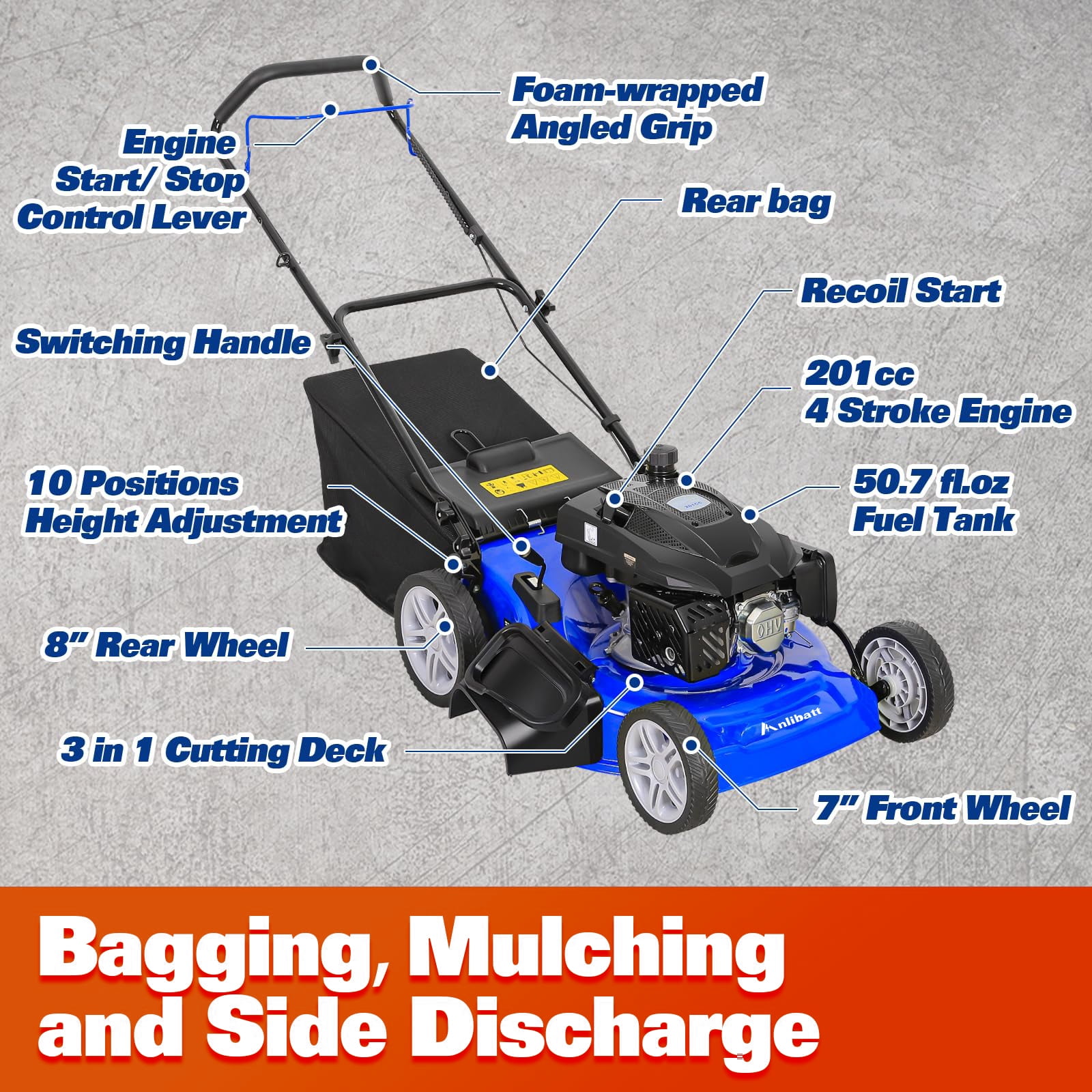 ANLIBATT 21 Inch Gas Lawn Mower, 201cc 4-Cycle OHV Engine Walk-Behind Push Mower with Bagging (Black, 21 in) p40xx