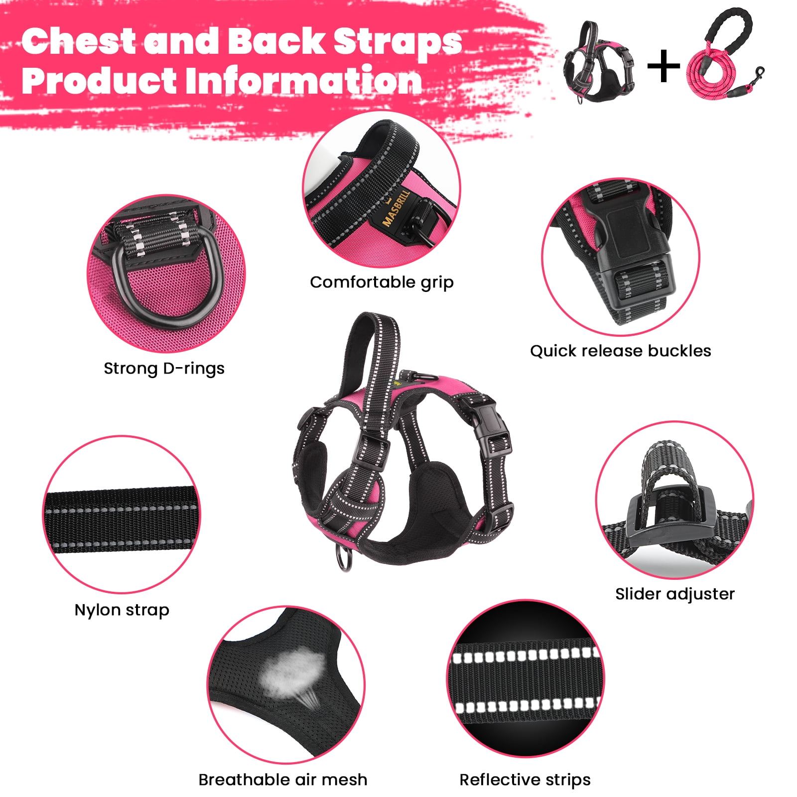MASBRILL No Pull Dog Harness and Leash Set, Reflective Adjustable Padded Vest with Handle (Pink, Large) me4ue