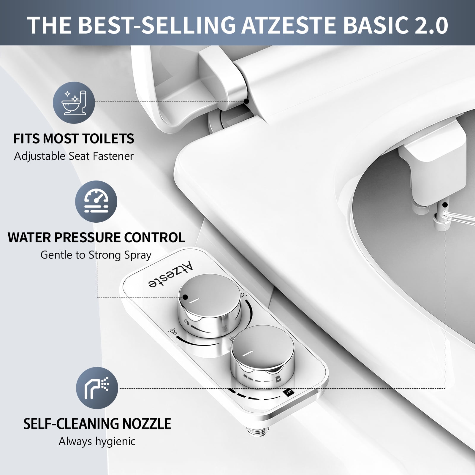 Atzeste Ultra-Slim Bidet Toilet Seat Attachment, Non-Electric Dual Nozzle with Self-Cleaning Sprayer (Silver, 1.64 ft Hose) 7my0w