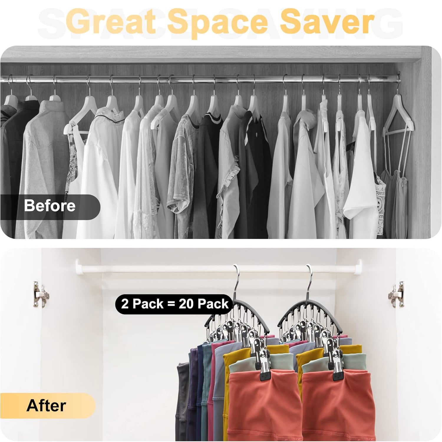 Behome Pants Hangers with 10 Clips, Space Saving Closet Organizer for Leggings, Jeans, and Skirts (Black, 2 Pack, 14.37 x 8.66 in) soy39