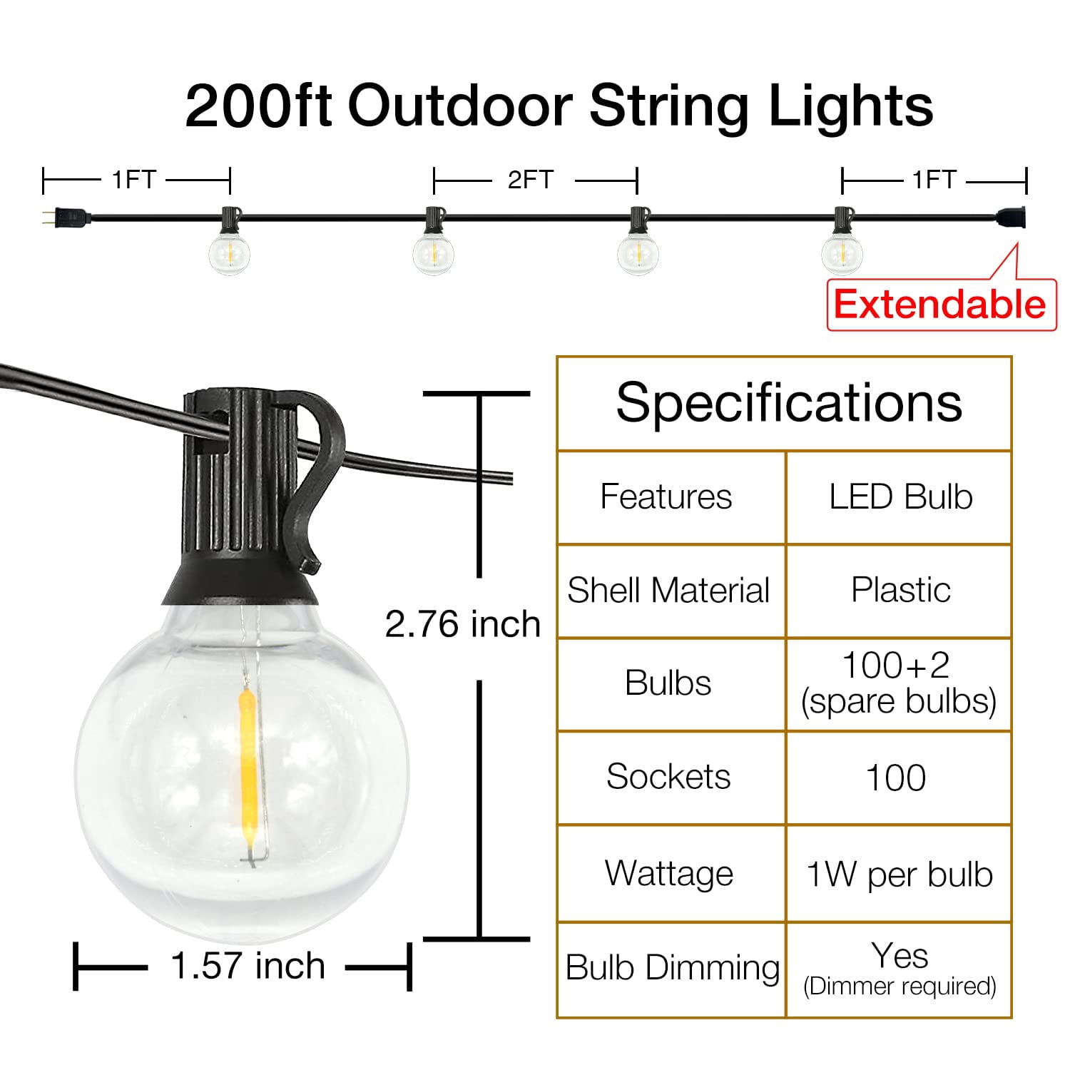 DAYBETTER Outdoor String Lights, E12 G40 Edison Vintage Hanging Lights for Patio Garden (Warm White, 200 ft) hgqjn